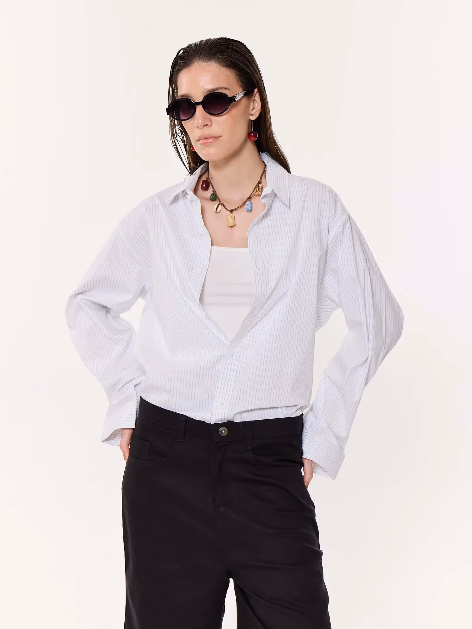 White & Blue Pinstriped Oversized Cropped Shirt image 4