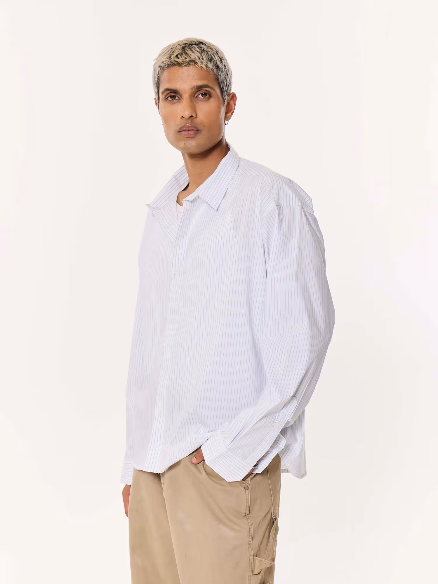 White & Blue Pinstriped Oversized Cropped Shirt image 5