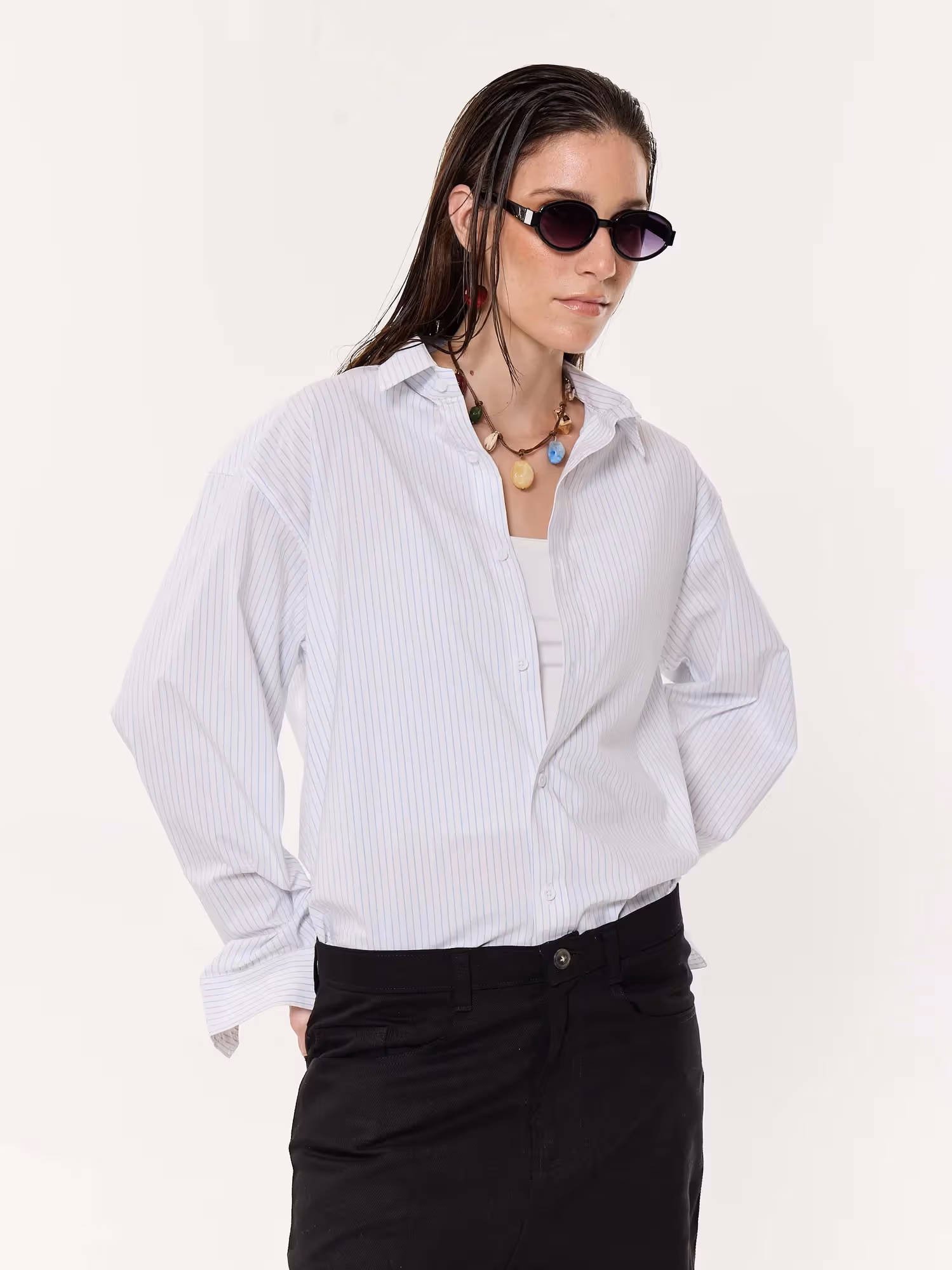 White & Blue Pinstriped Oversized Cropped Shirt image 6