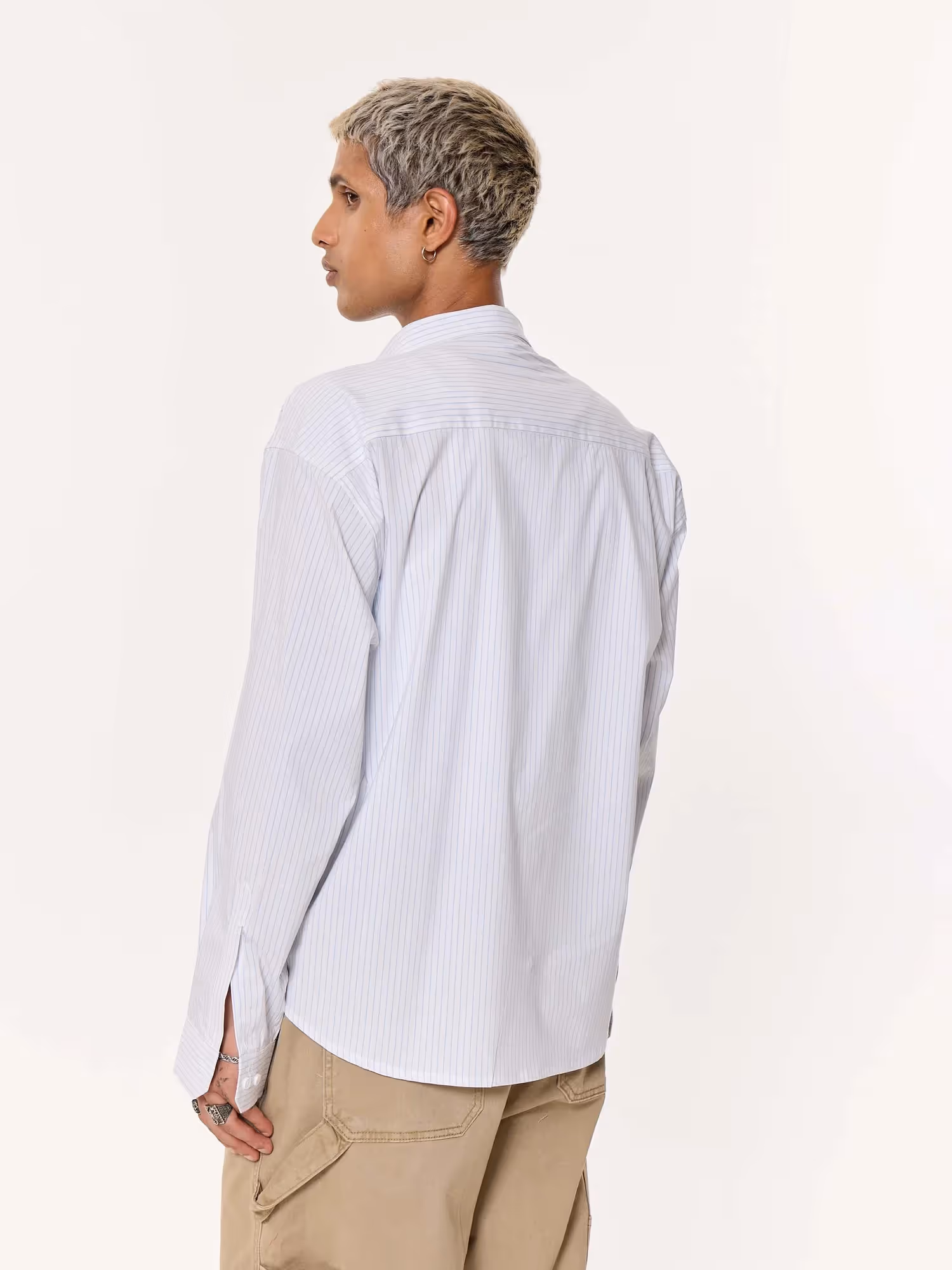 White & Blue Pinstriped Oversized Cropped Shirt image 7