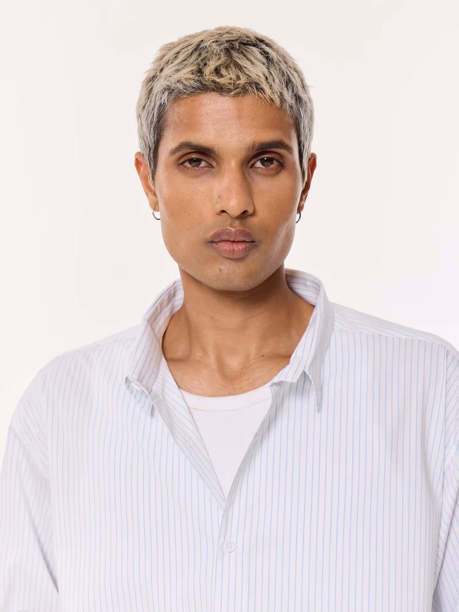 White & Blue Pinstriped Oversized Cropped Shirt image 8
