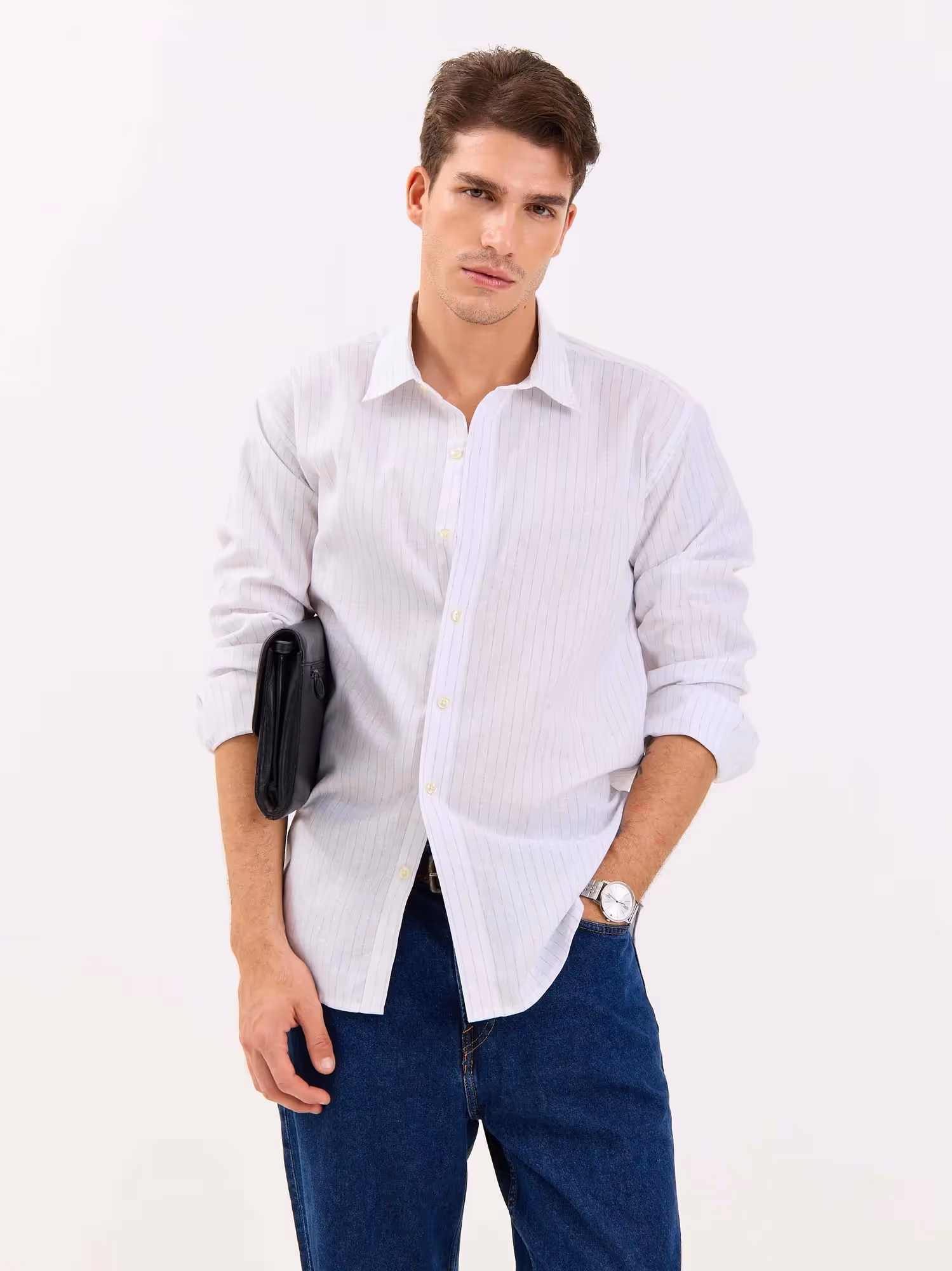 White & Blue Striped Linen-blend Shirt image 2