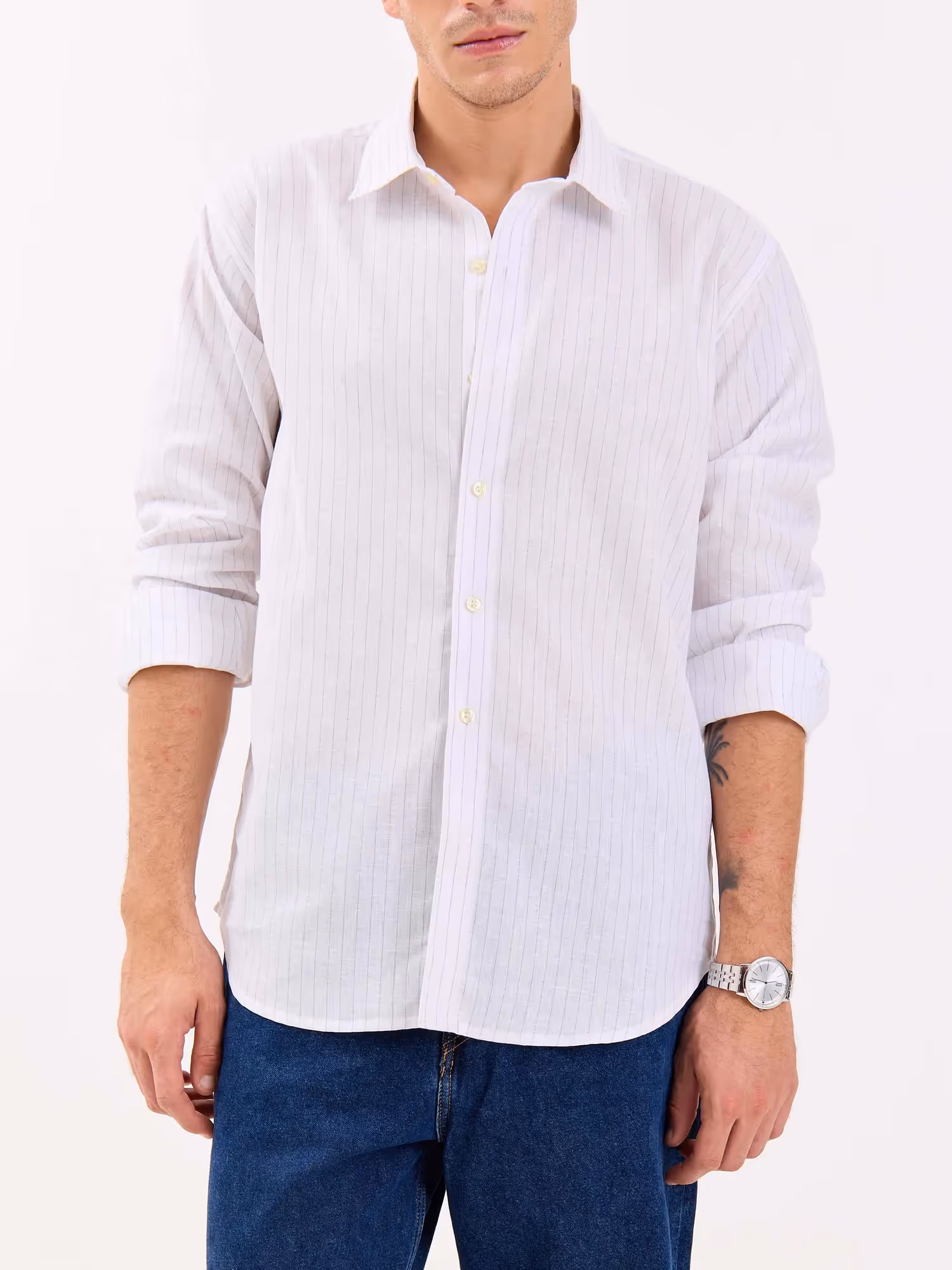 White & Blue Striped Linen-blend Shirt image 3