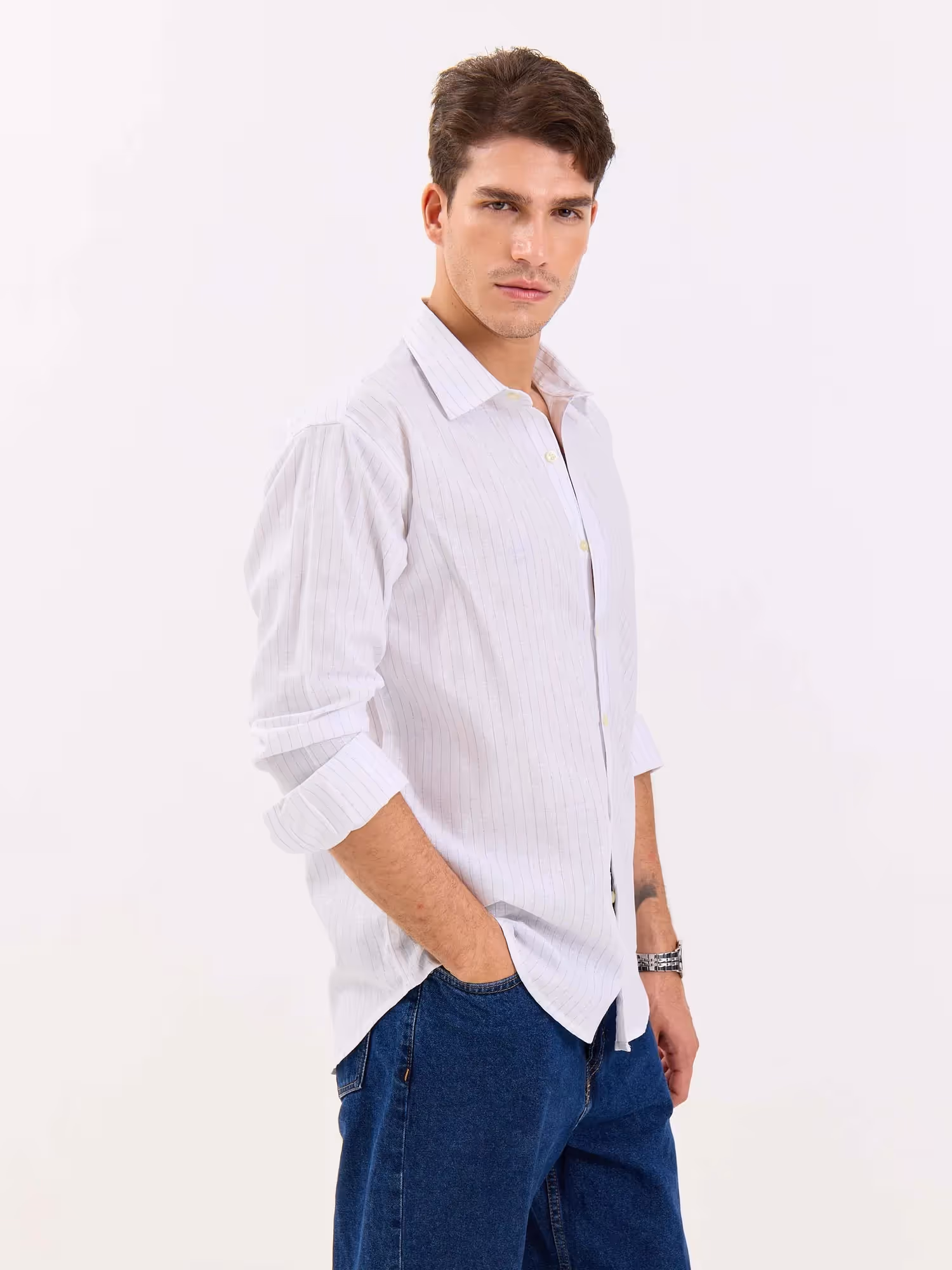 White & Blue Striped Linen-blend Shirt image 6