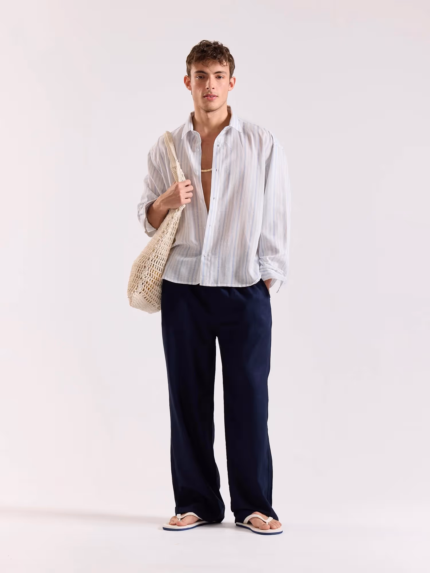 White & Blue Striped Linen Cropped Shirt image 1