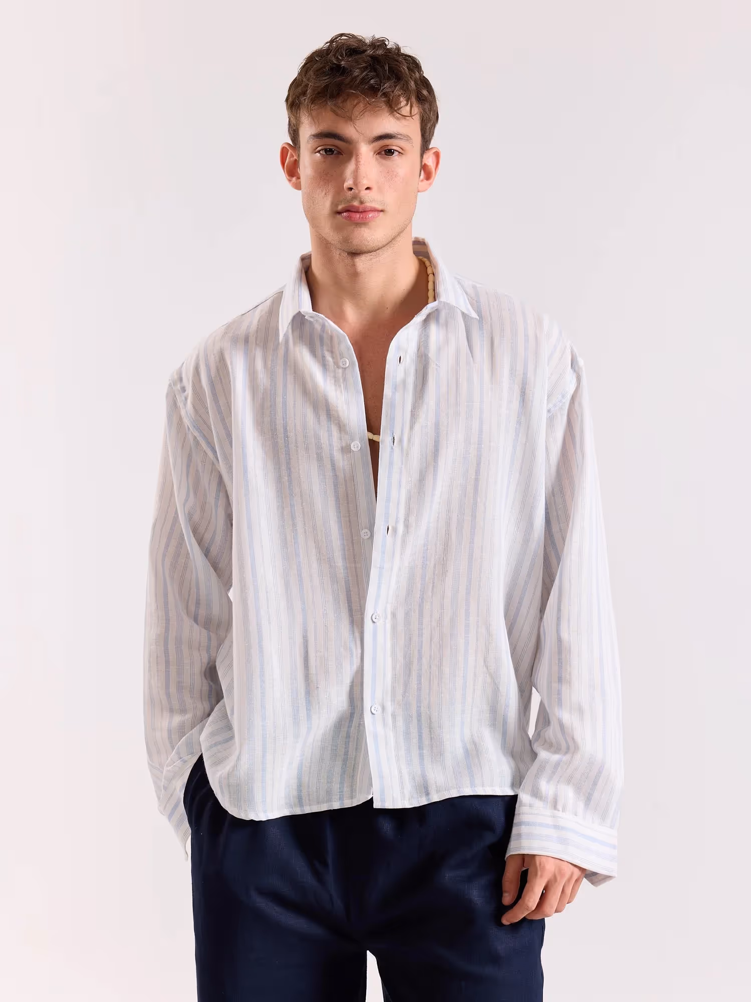 White & Blue Striped Linen Cropped Shirt image 2