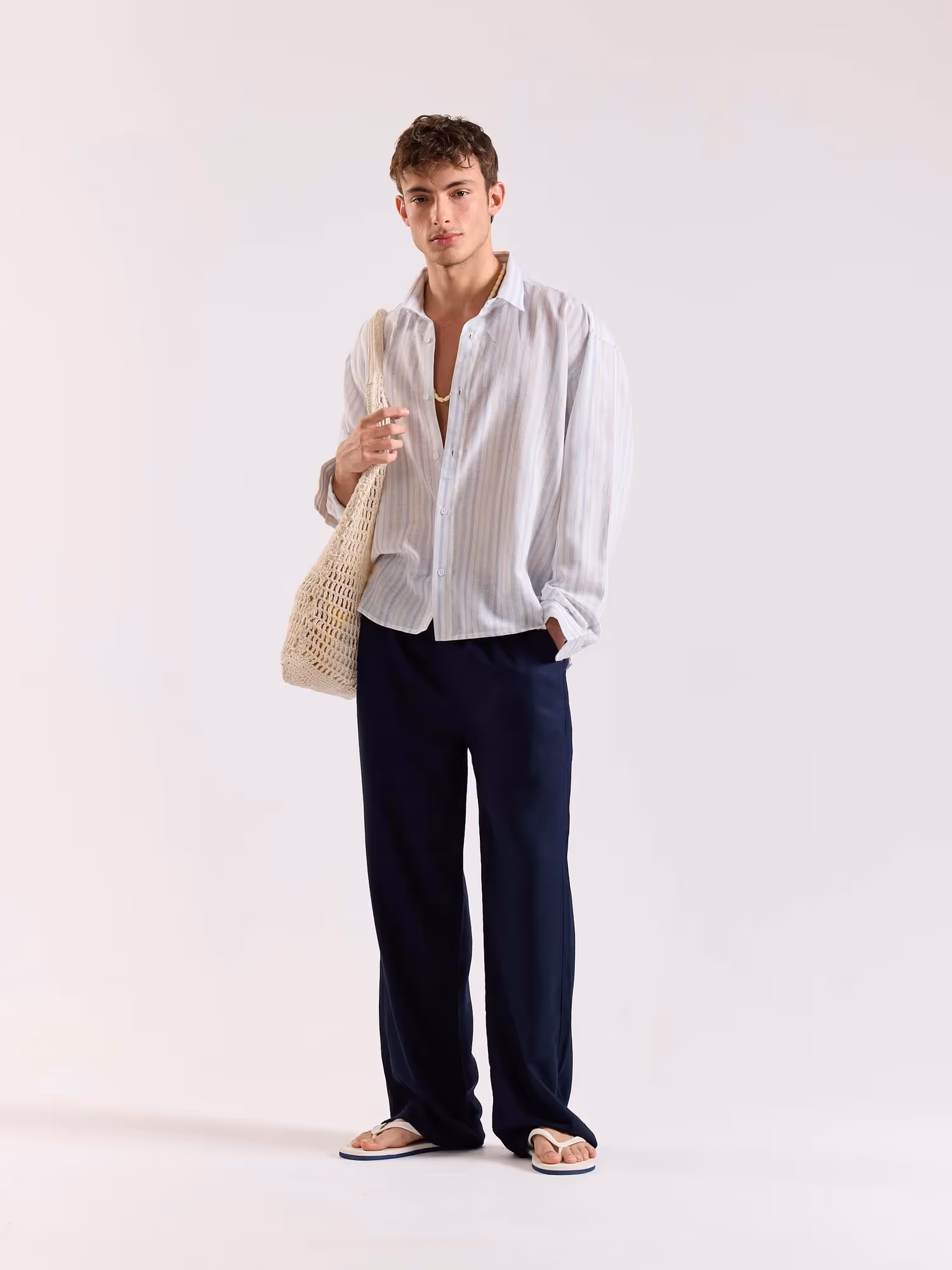 White & Blue Striped Linen Cropped Shirt image 4