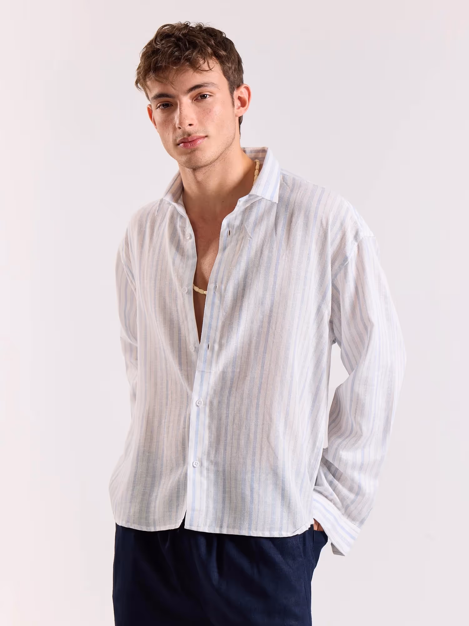 White & Blue Striped Linen Cropped Shirt image 5