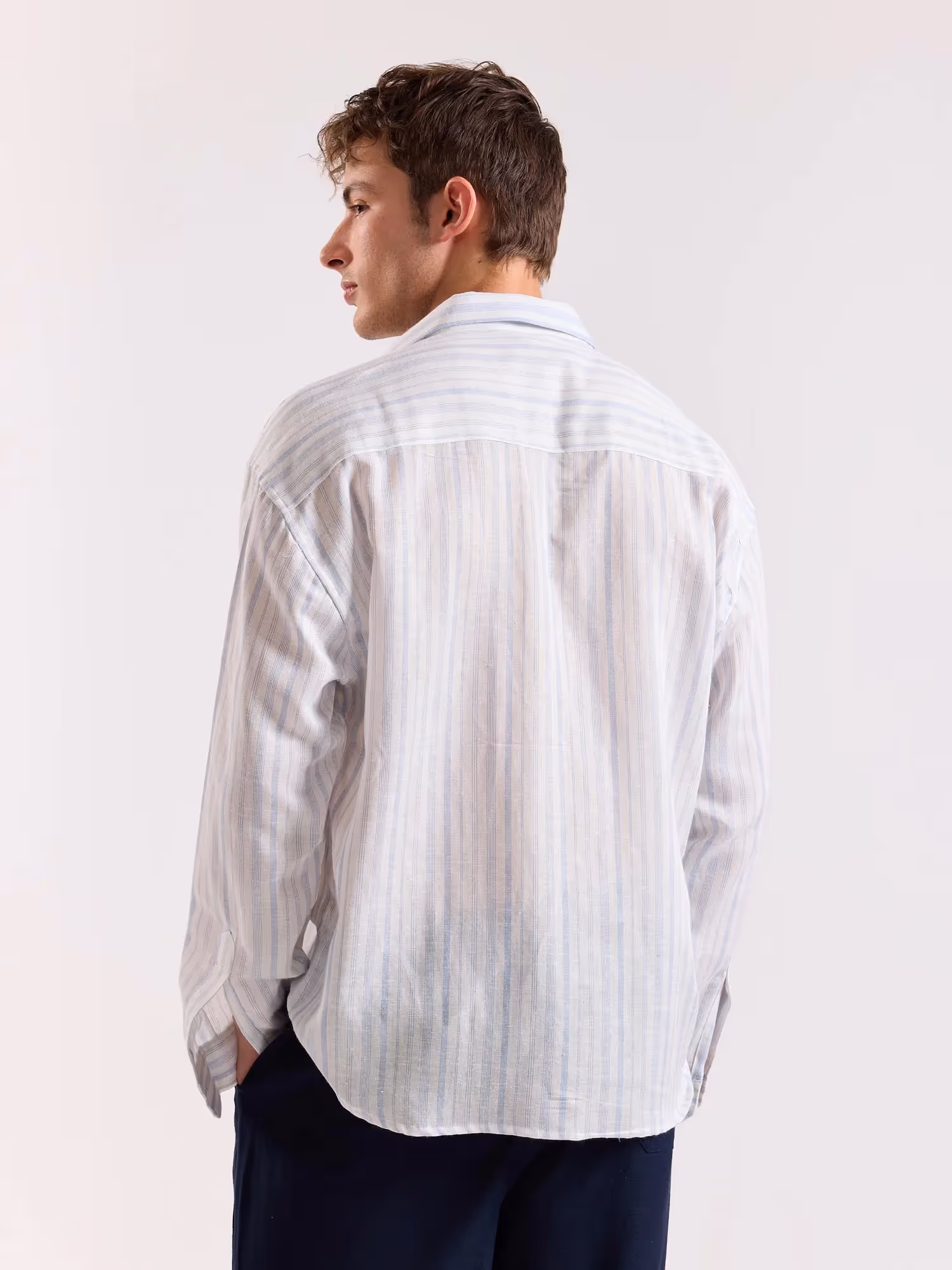 White & Blue Striped Linen Cropped Shirt image 6