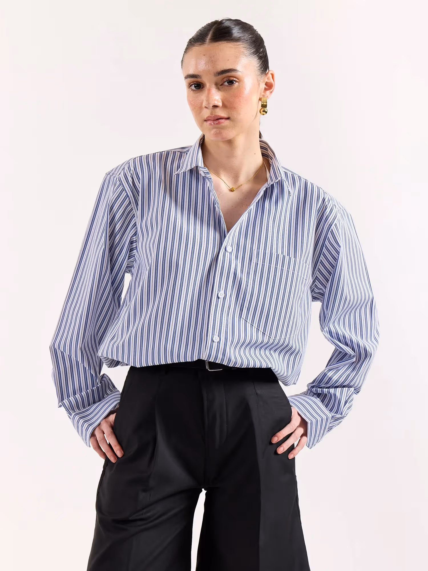 White & Blue Striped Poplin Oversized Shirt image 4