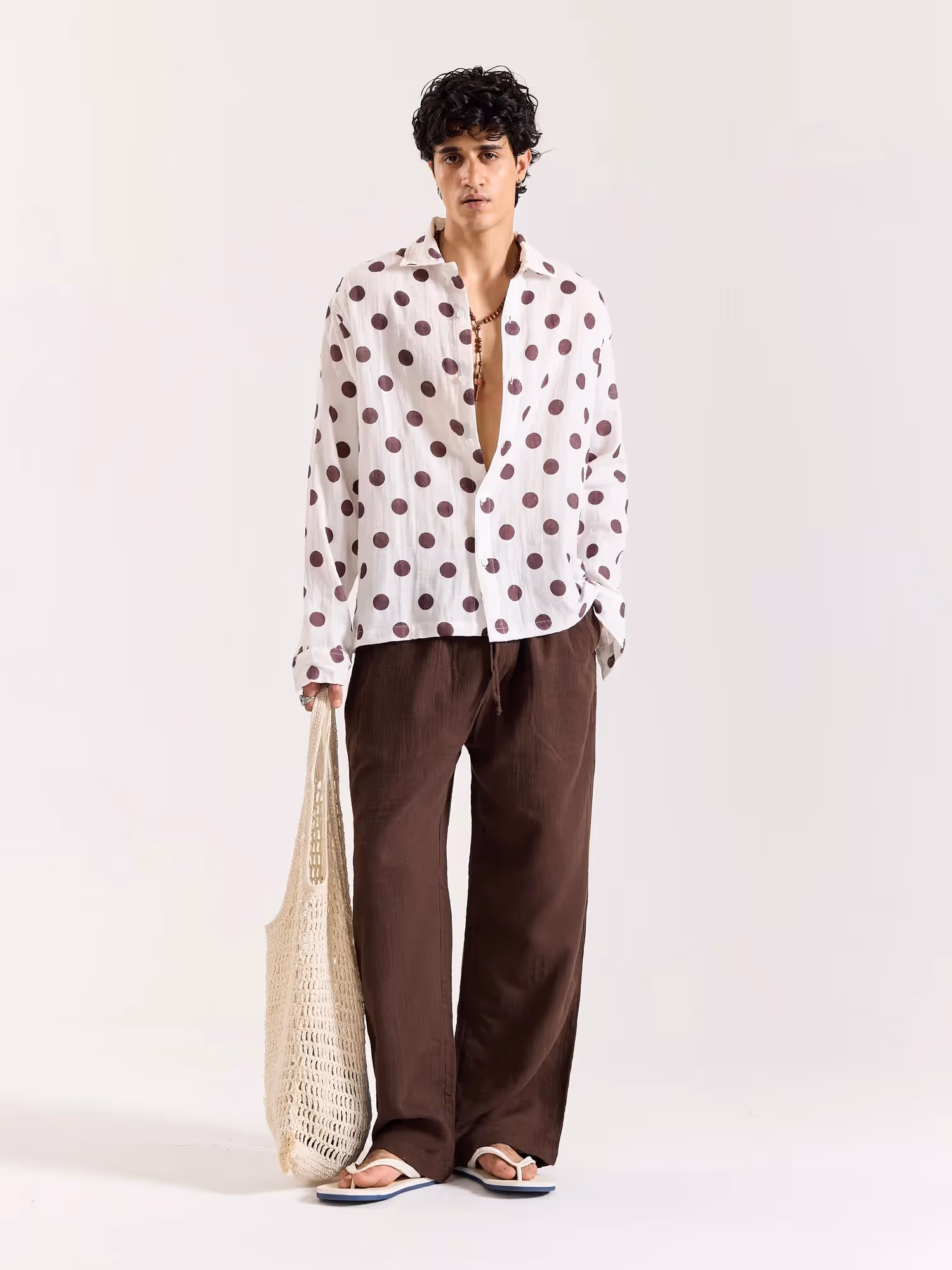 White & Brown Polka Dot Gauze Holiday Shirt image 1