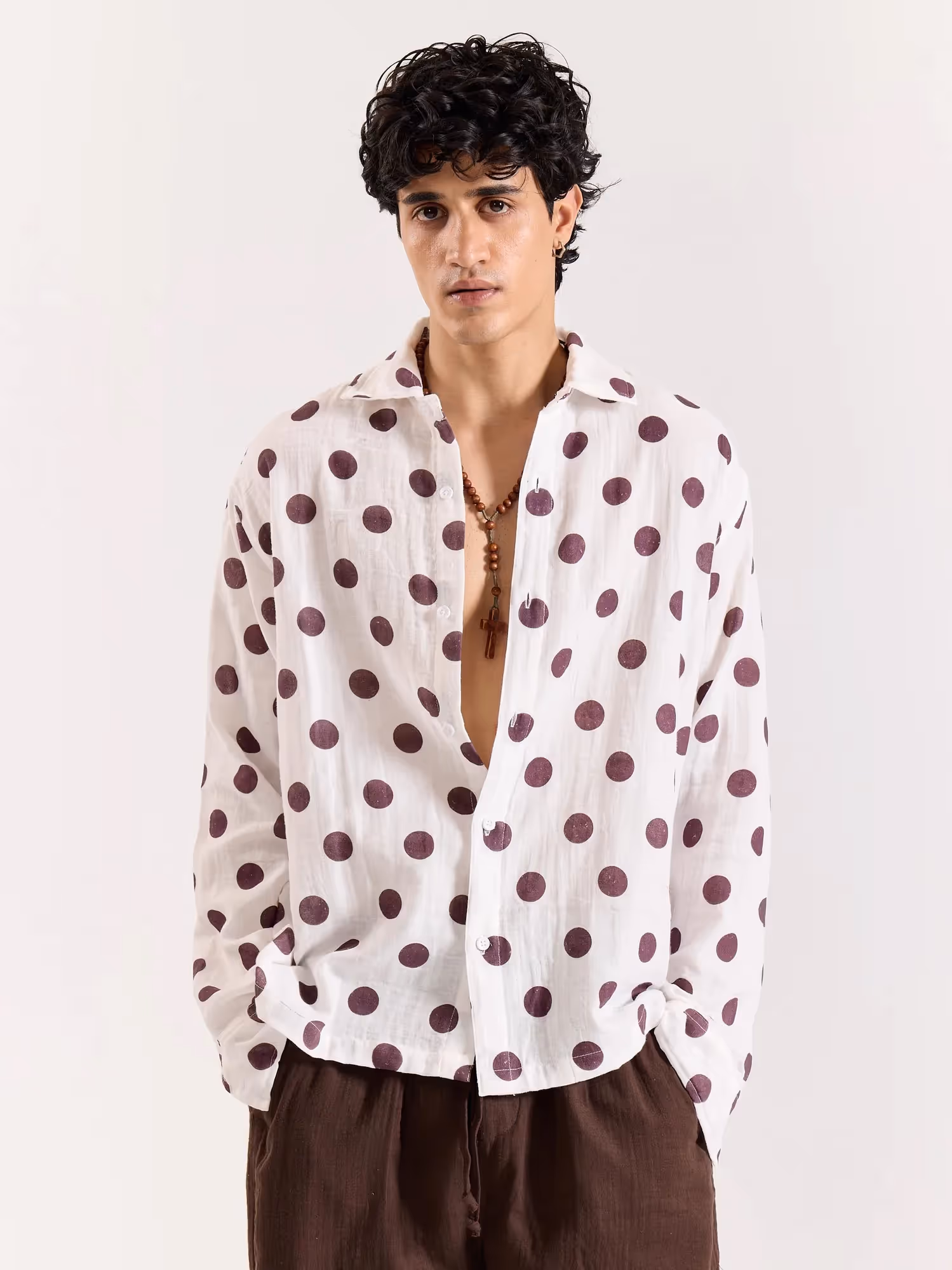 White & Brown Polka Dot Gauze Holiday Shirt image 3