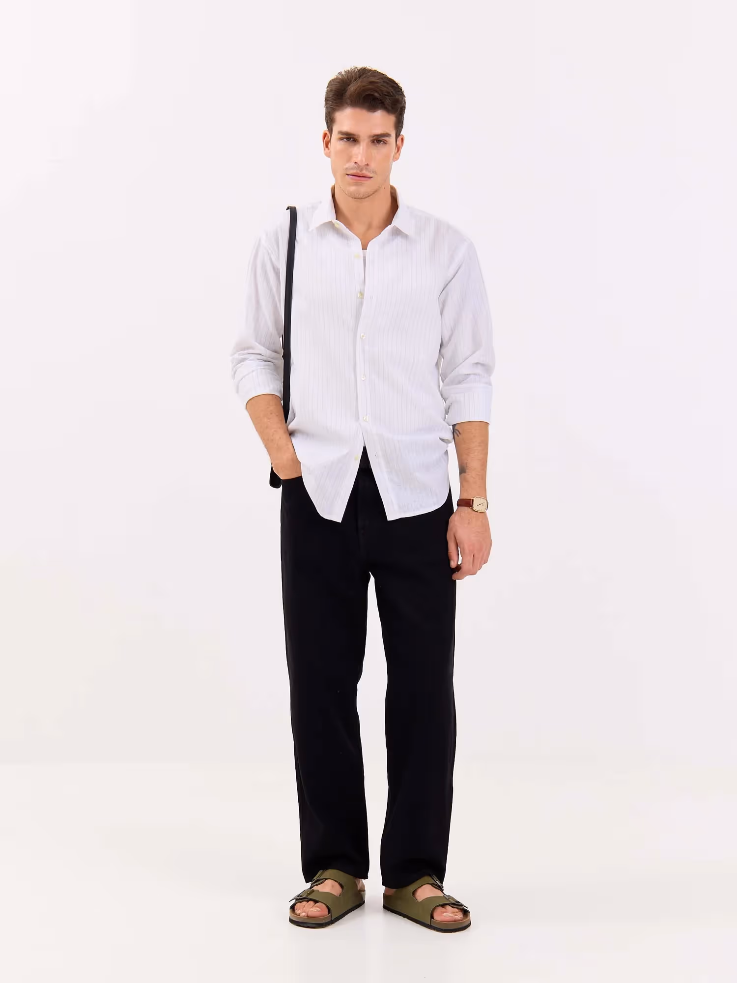 White & Green Striped Linen-blend Shirt image 1