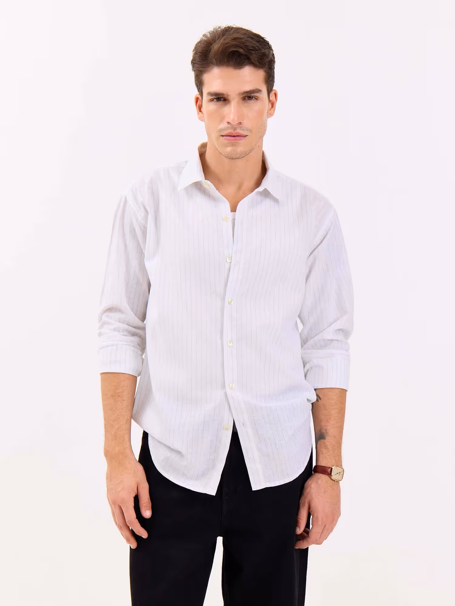 White & Green Striped Linen-blend Shirt image 2