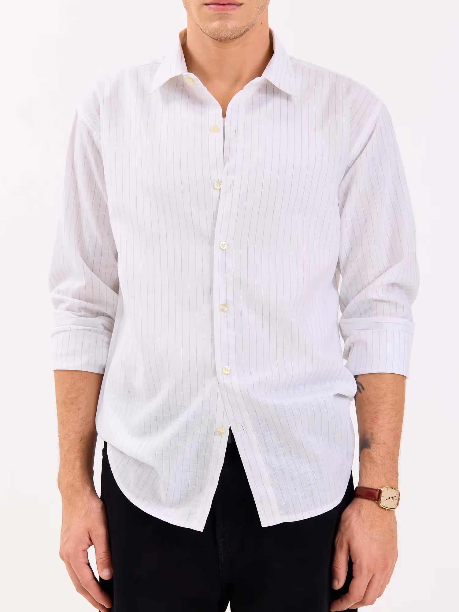 White & Green Striped Linen-blend Shirt image 3