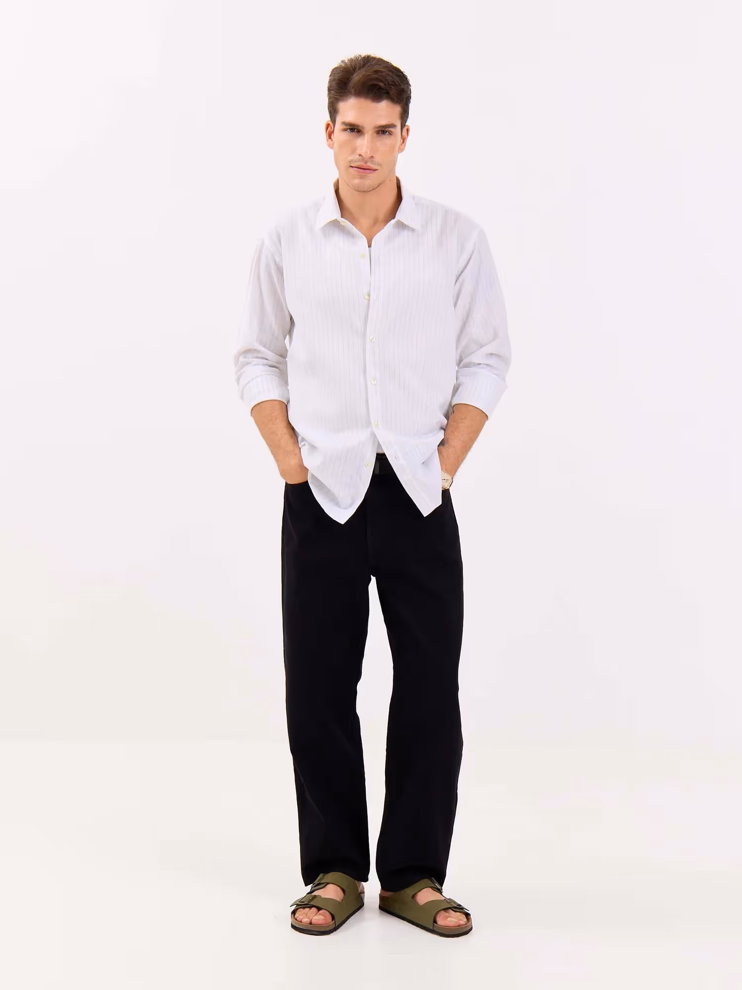 White & Green Striped Linen-blend Shirt image 4