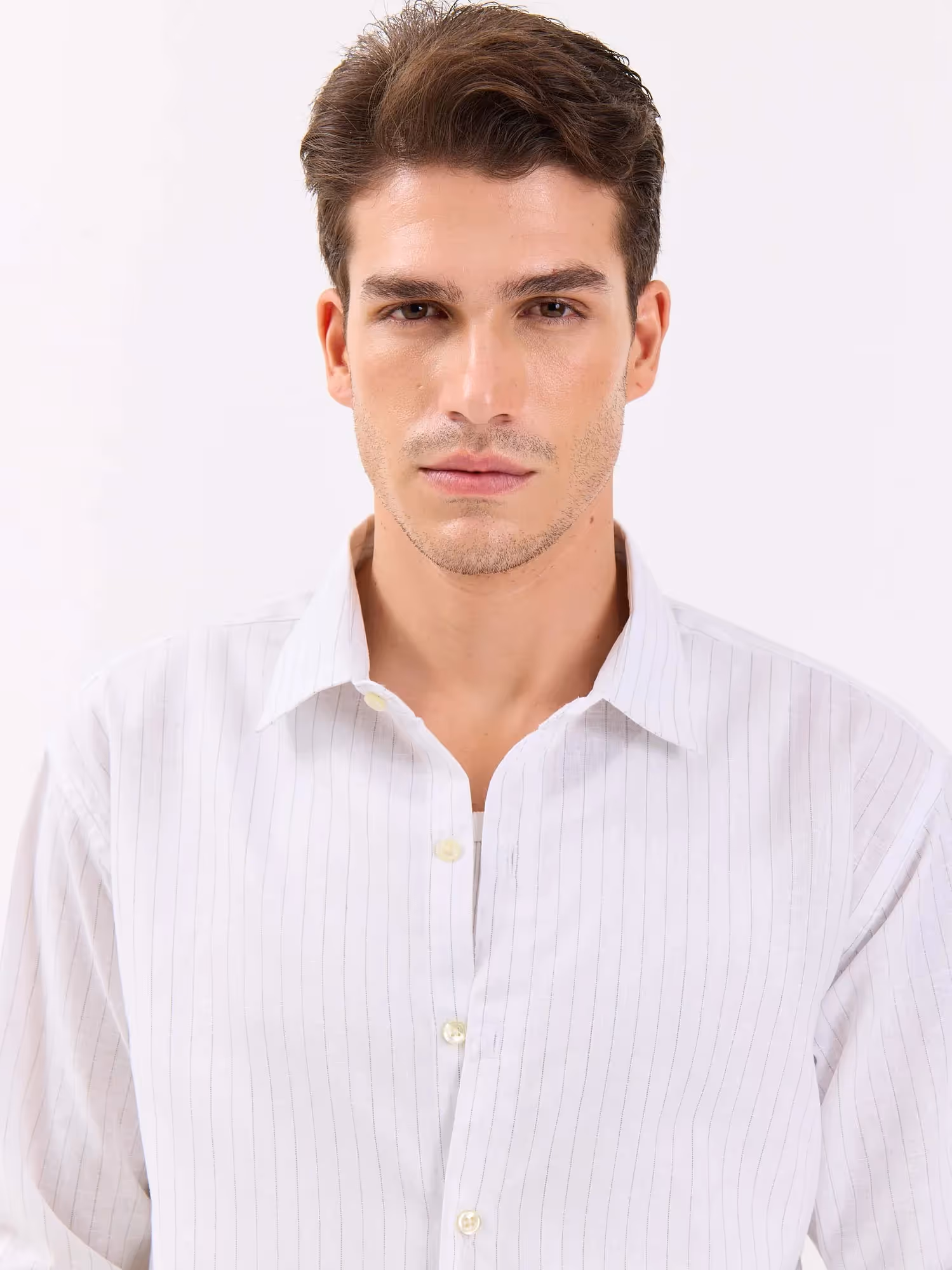 White & Green Striped Linen-blend Shirt image 5