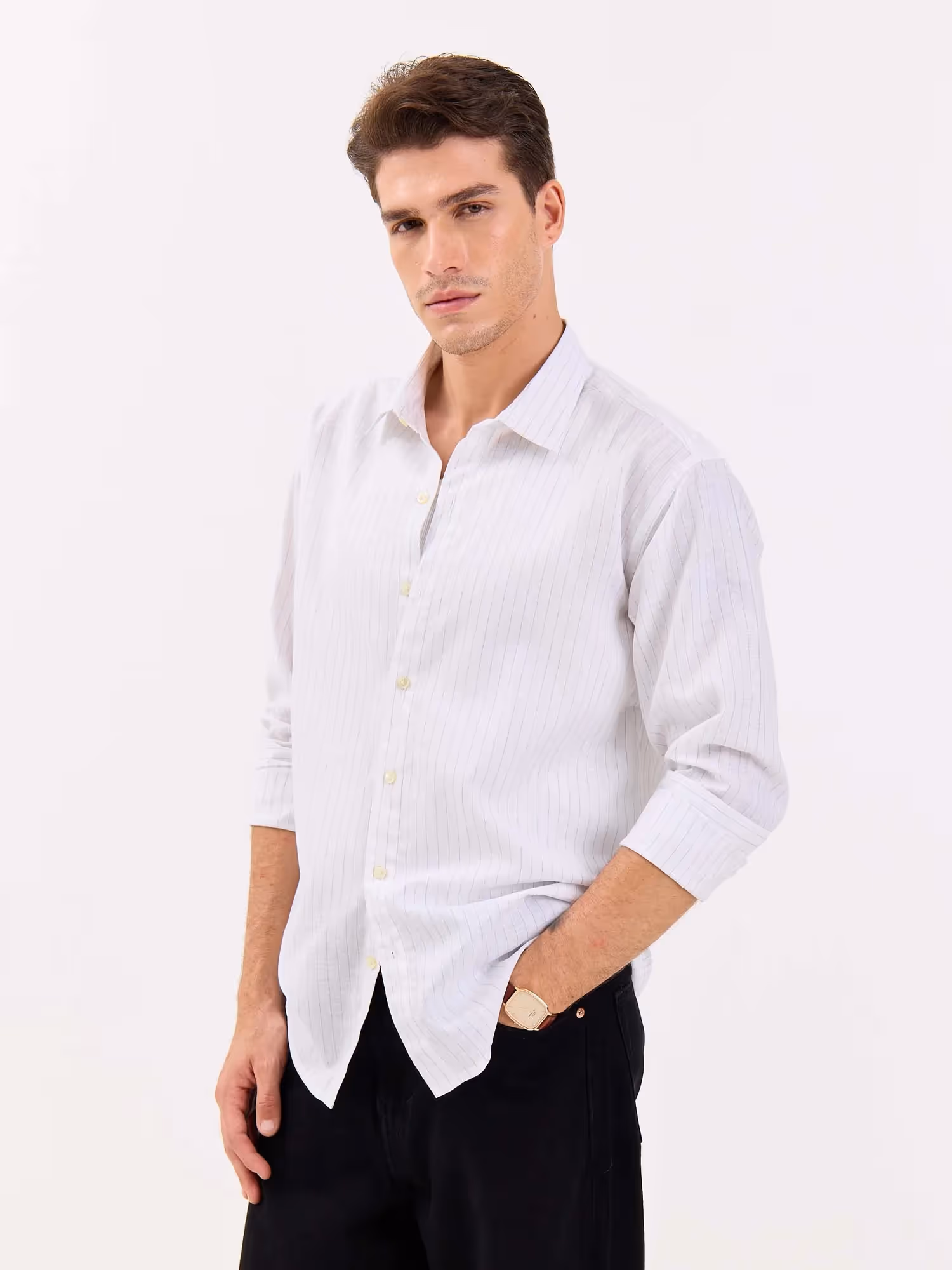 White & Green Striped Linen-blend Shirt image 6