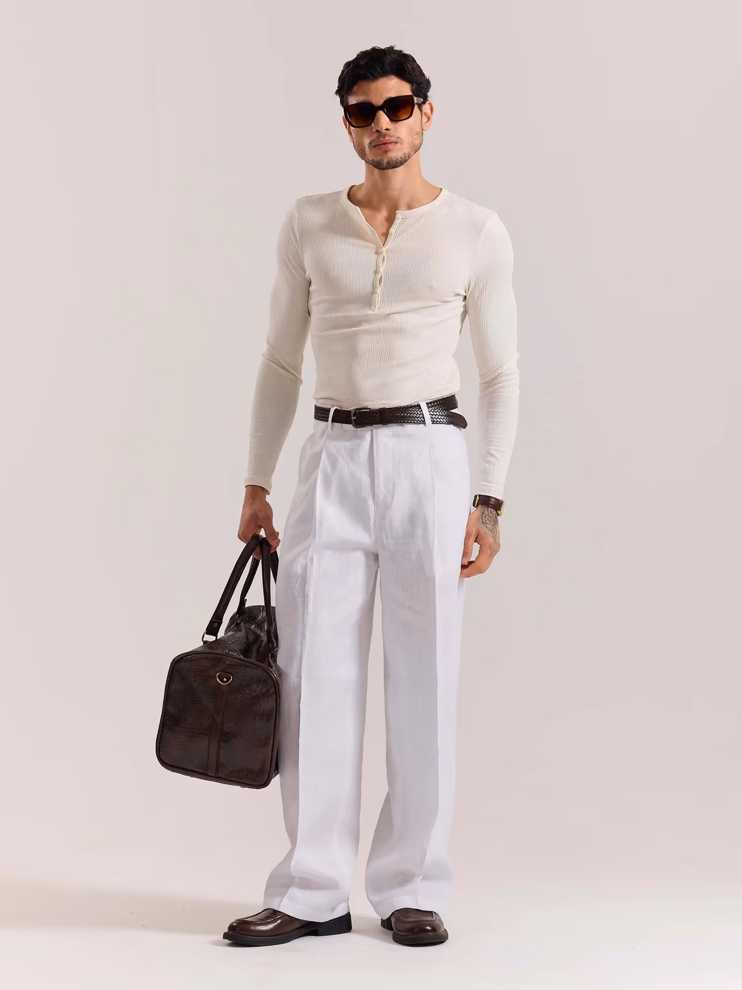 White Linen Baggy Fit Trousers image 1