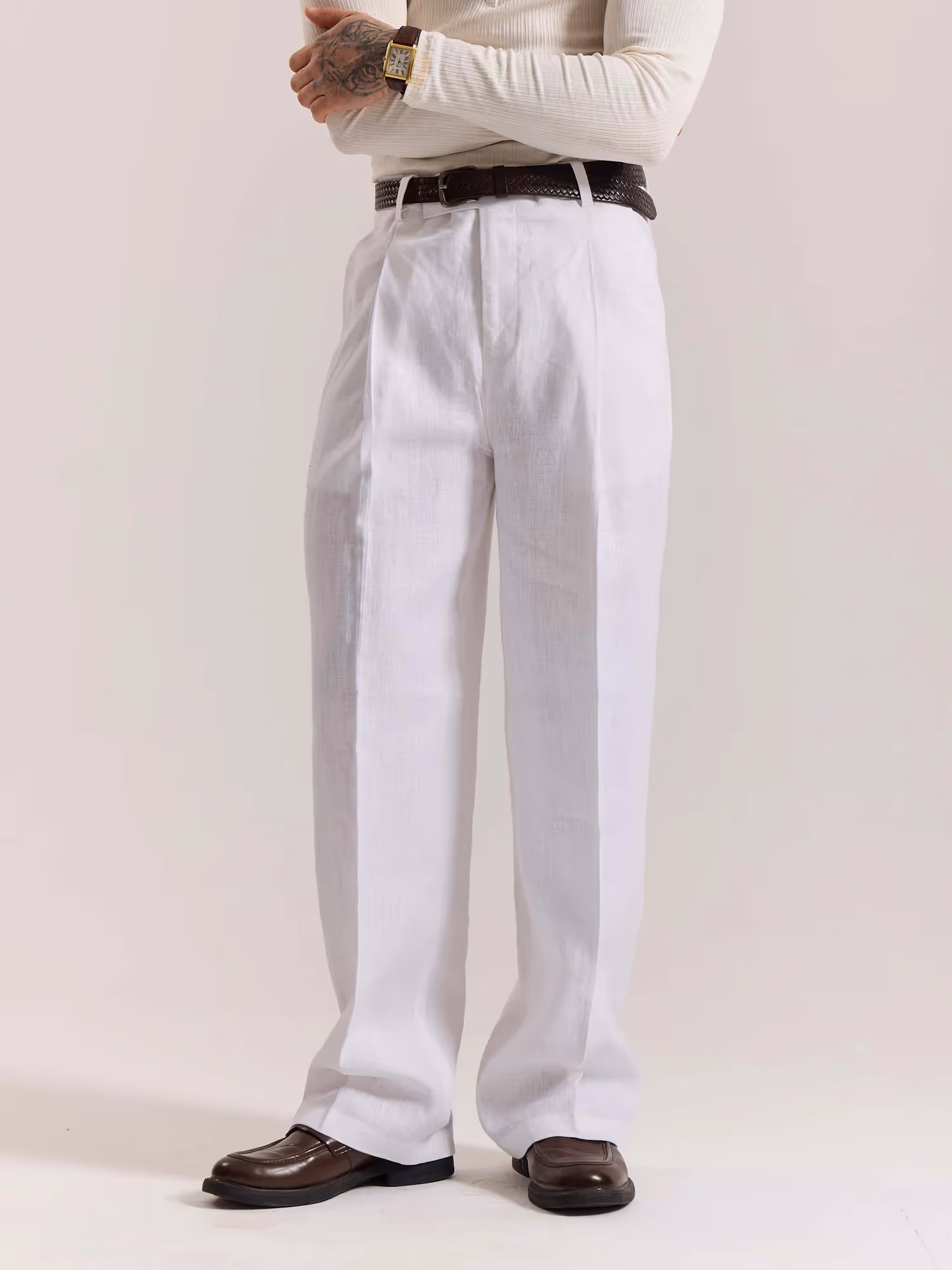 White Linen Baggy Fit Trousers image 3