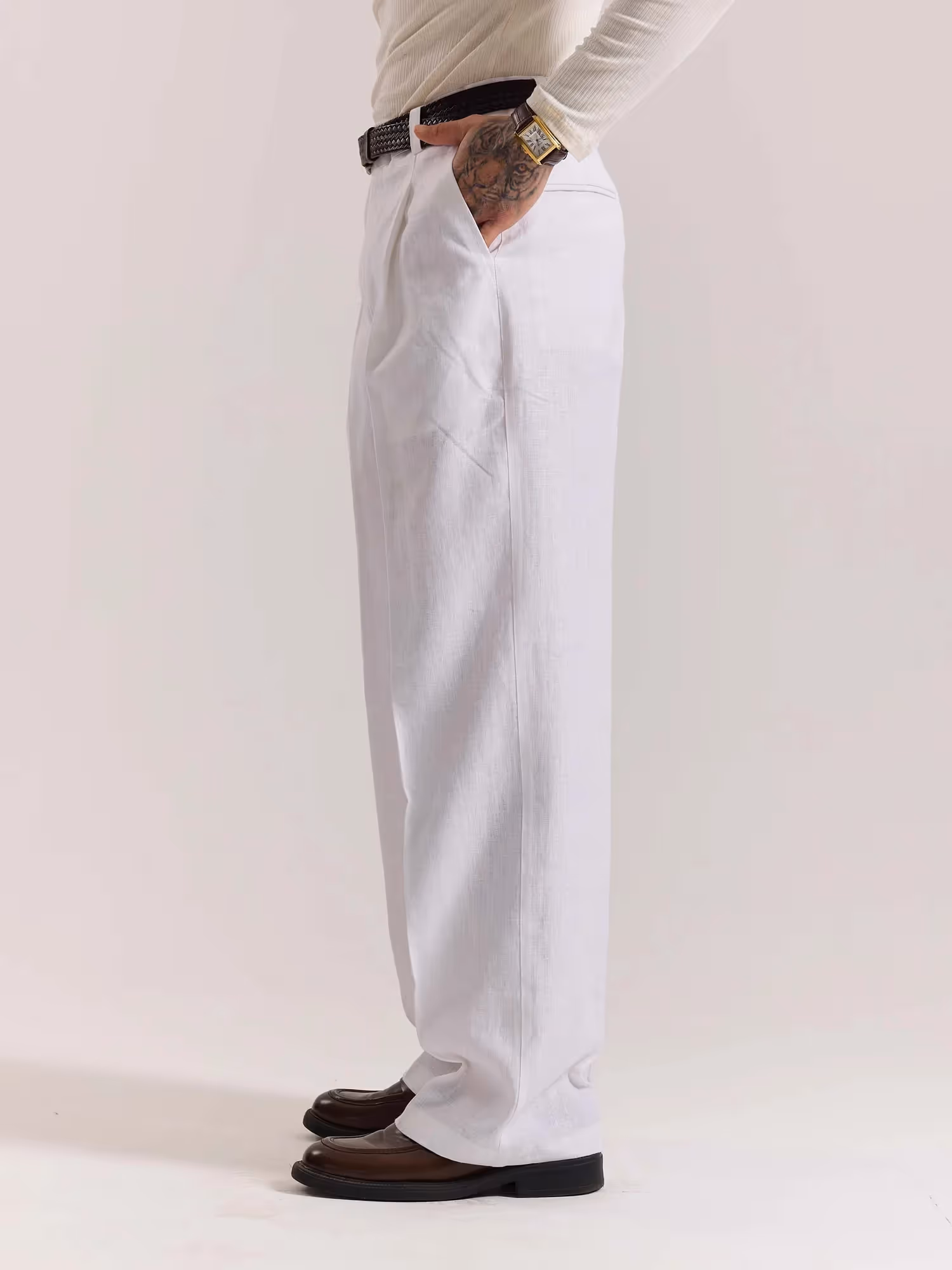 White Linen Baggy Fit Trousers image 5