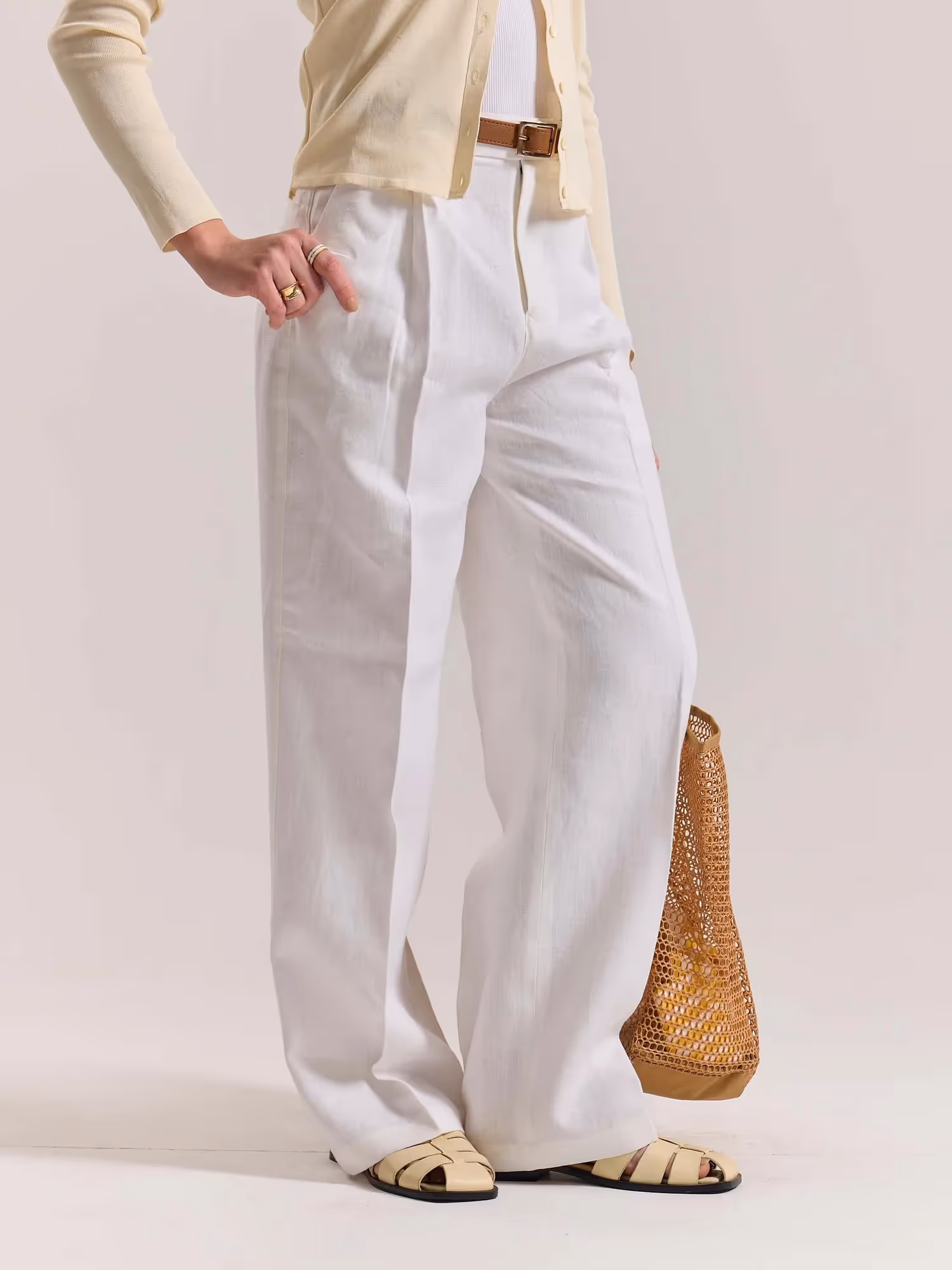 White Linen Baggy Fit Trousers image 6