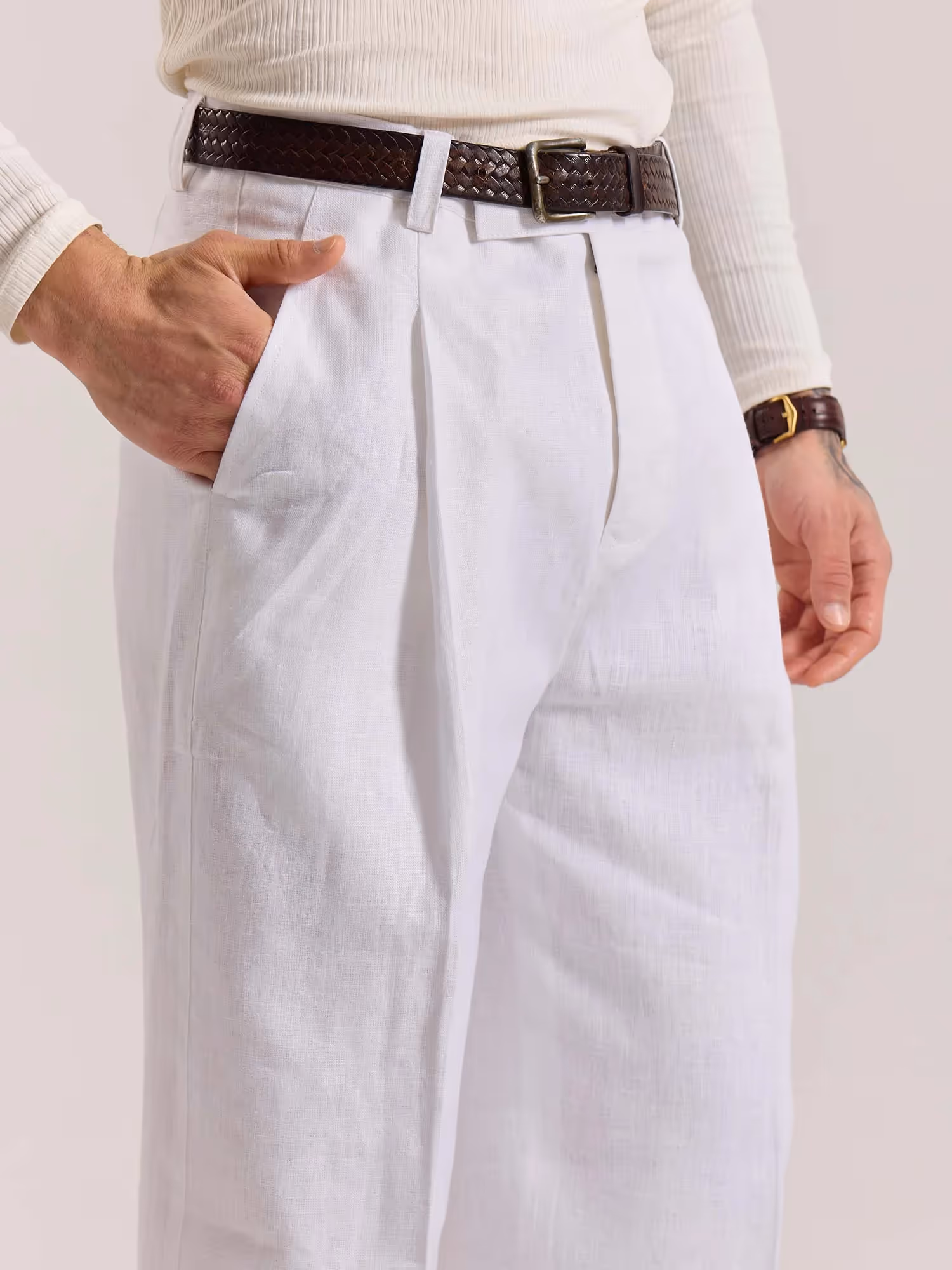 White Linen Baggy Fit Trousers image 7