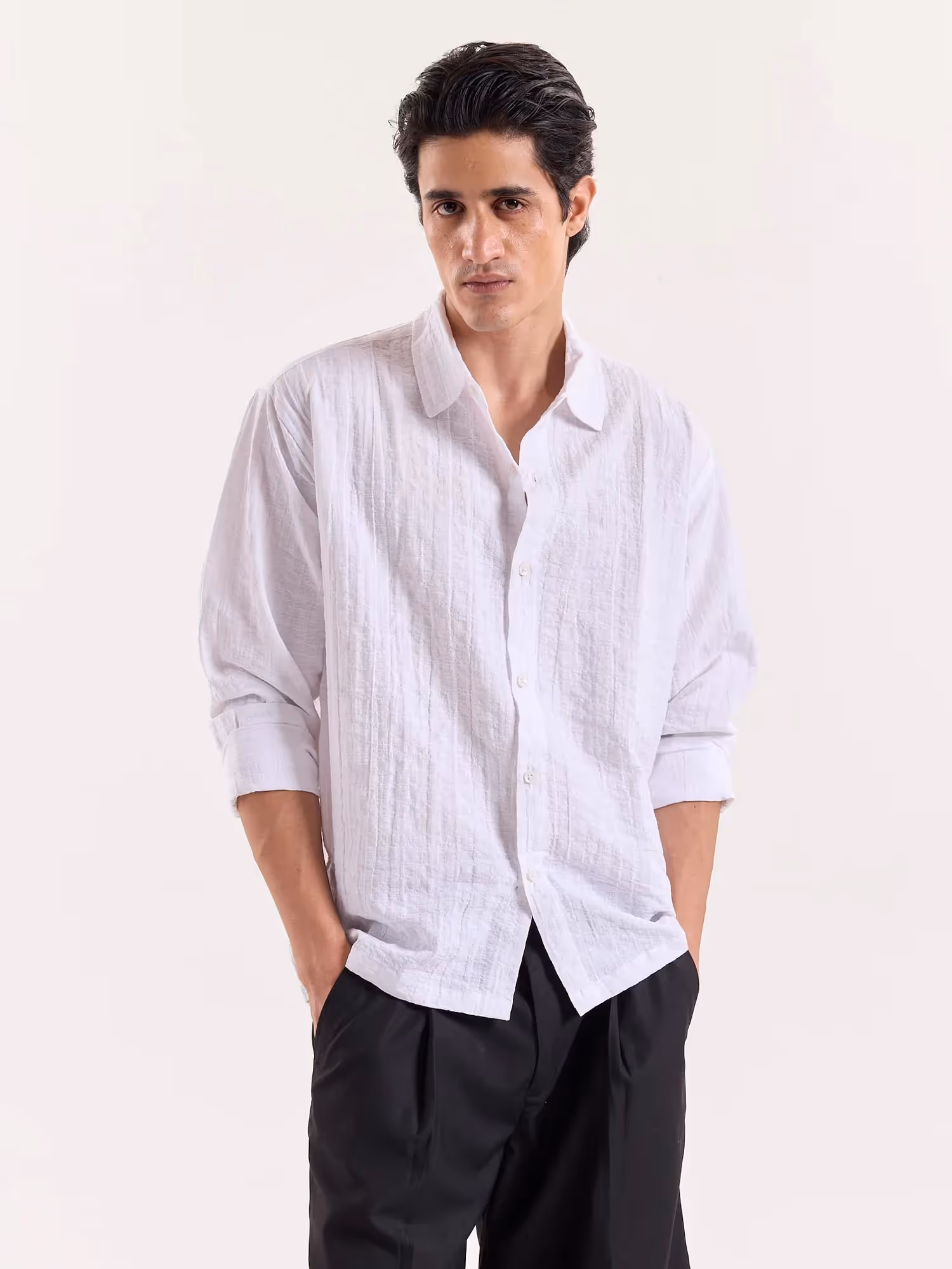 White Textured Cropped Shirt  image 3