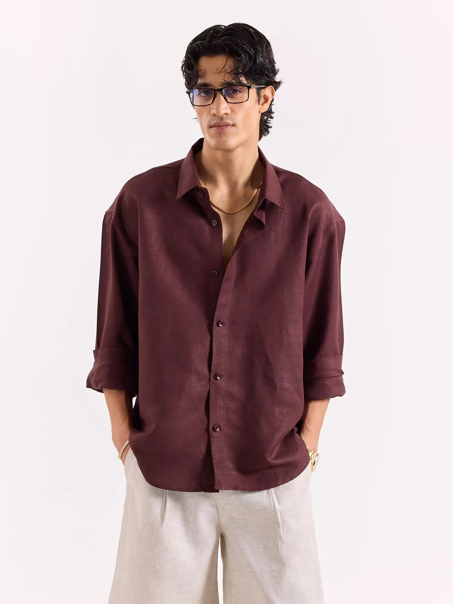 Wine Linen Cropped Shirt image 2