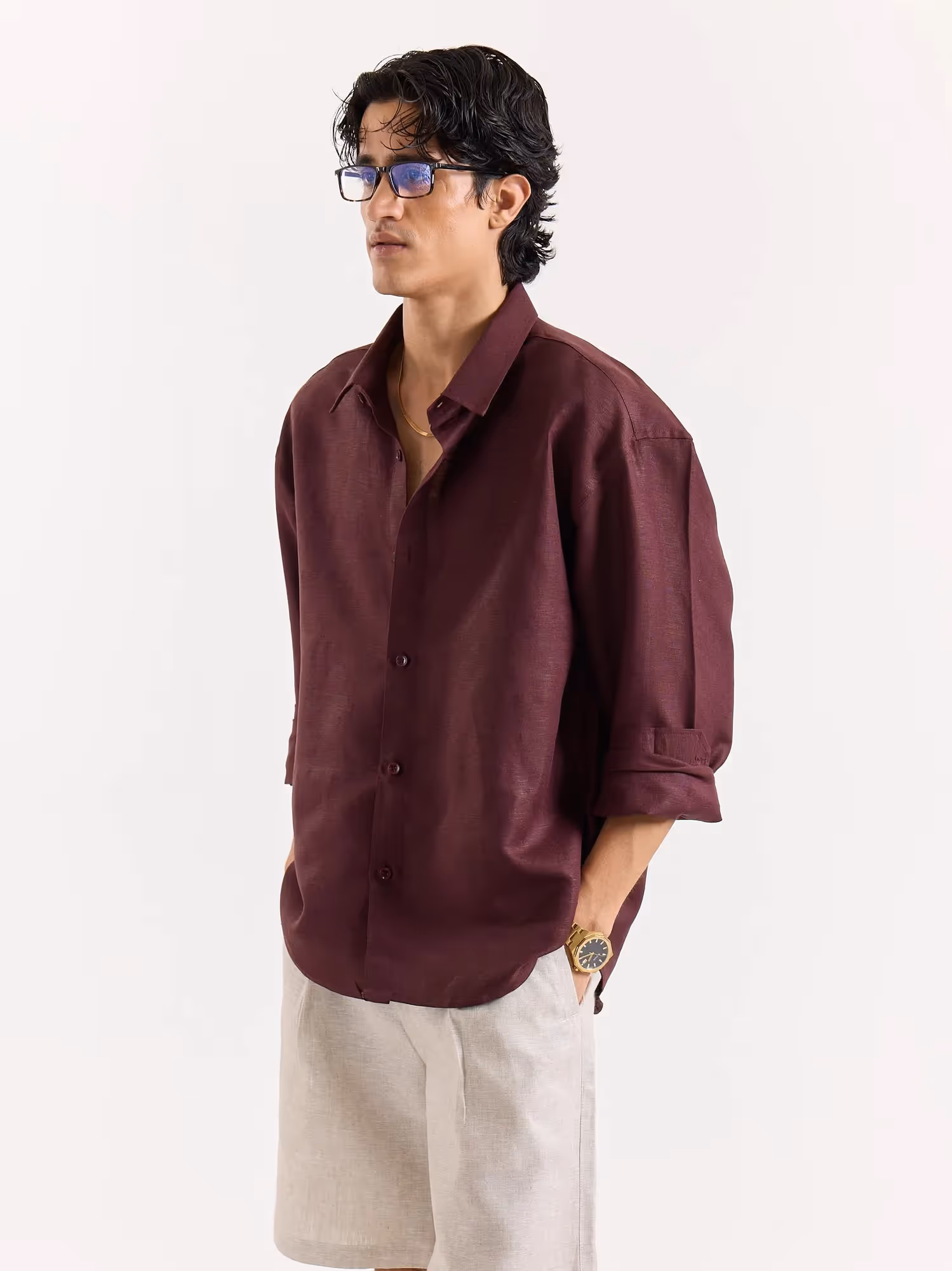 Wine Linen Cropped Shirt image 3