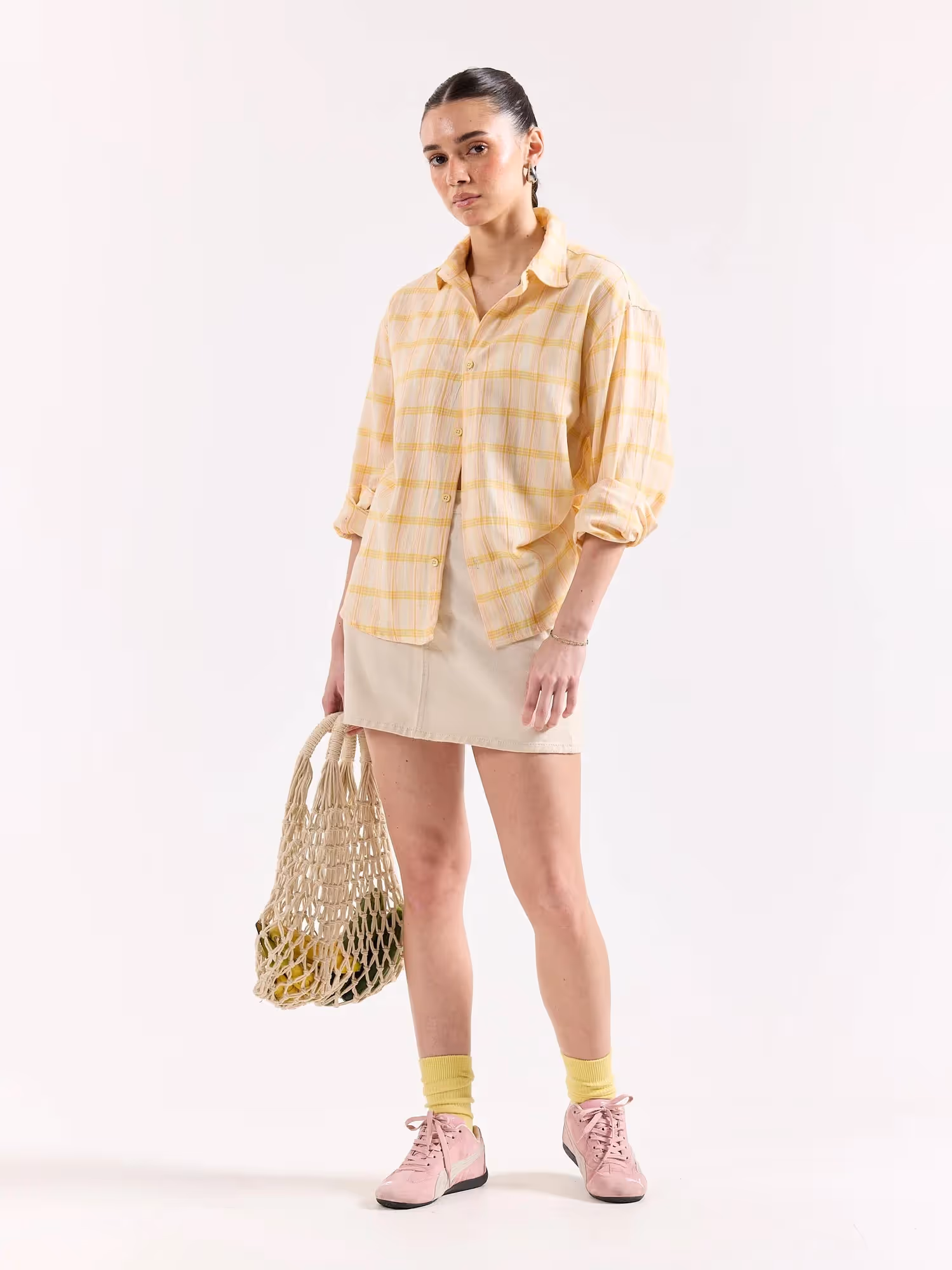 Yellow & Pink Checked Textured Oversized Shirt image 2