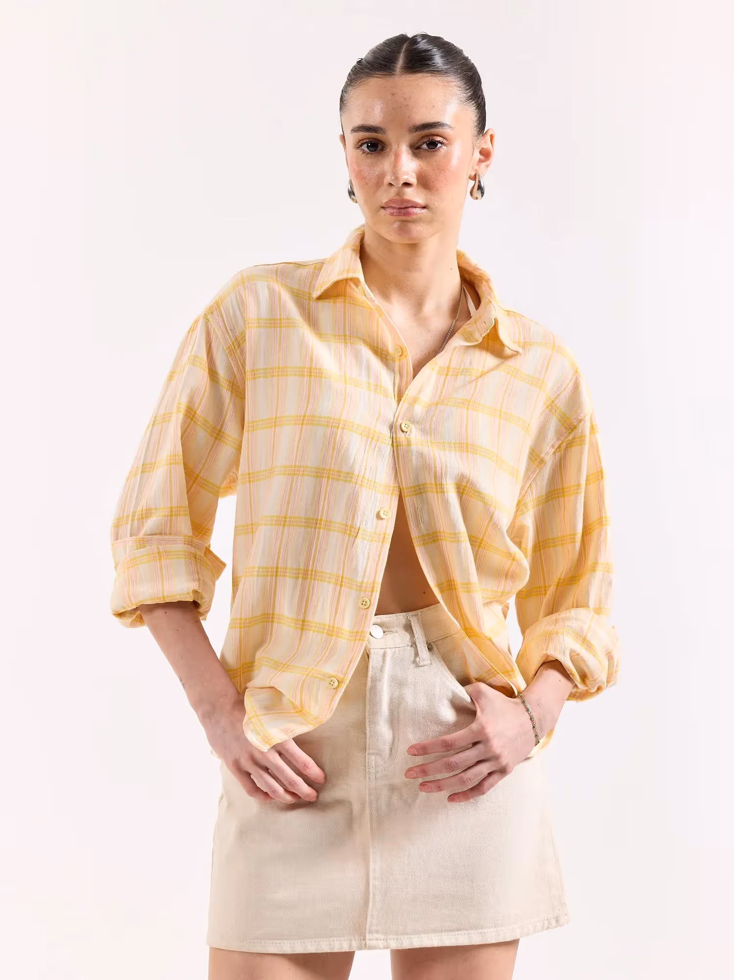 Yellow & Pink Checked Textured Oversized Shirt image 4