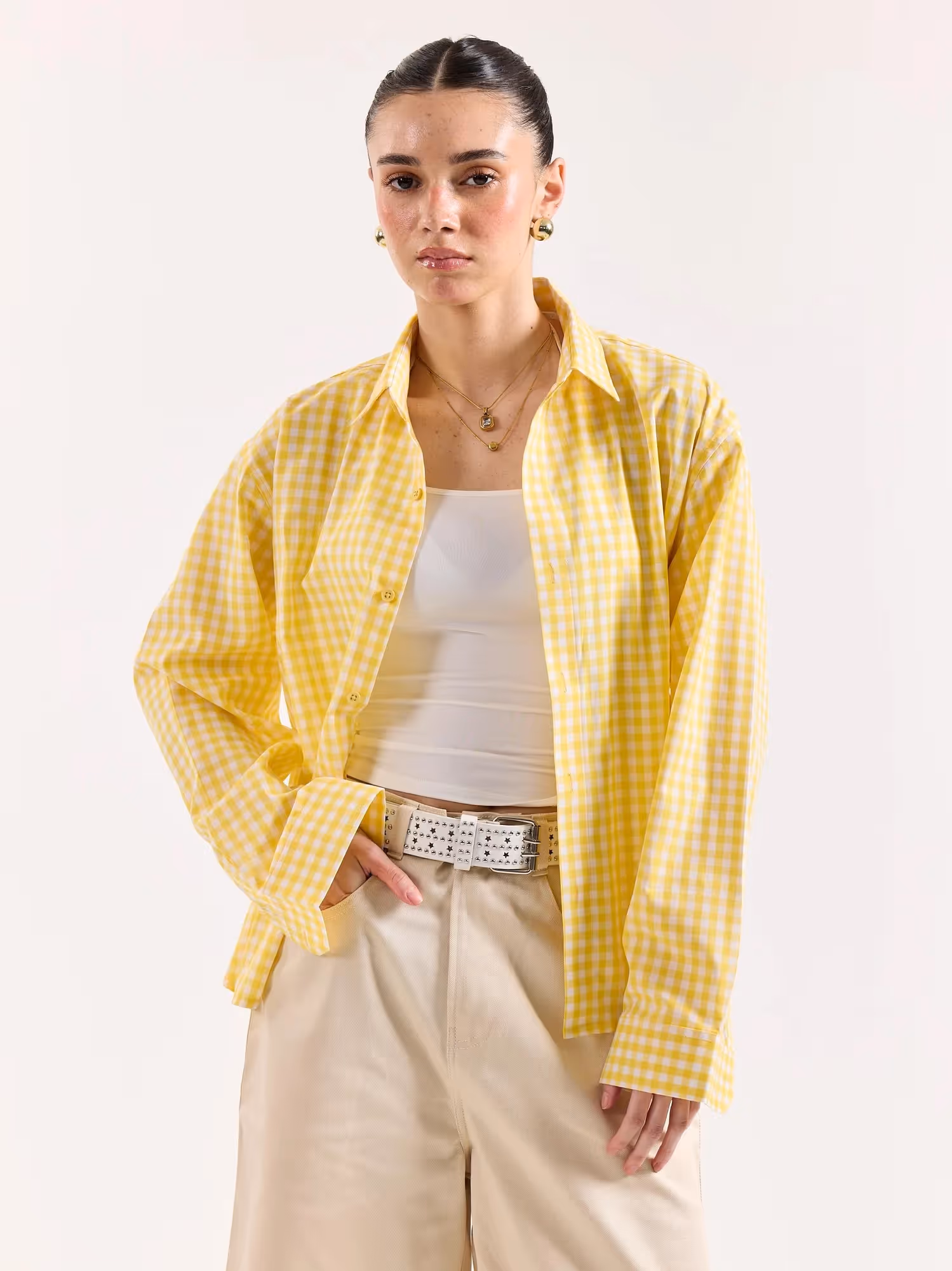 Yellow & White Checkered Poplin Oversized Shirt image 4