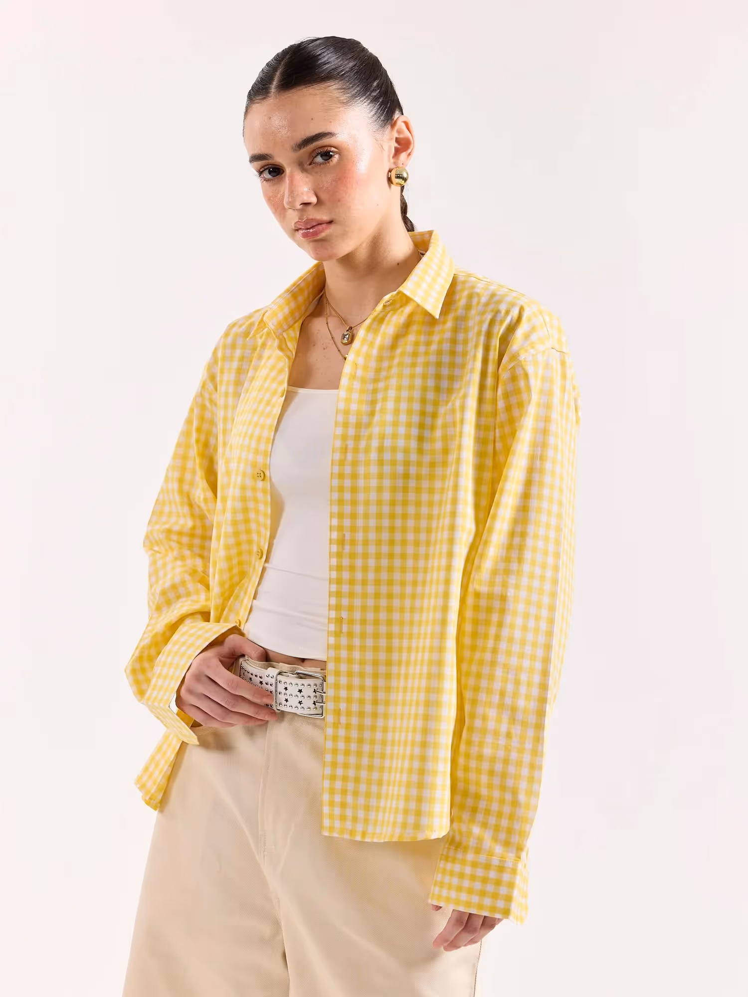 Yellow & White Checkered Poplin Oversized Shirt image 7