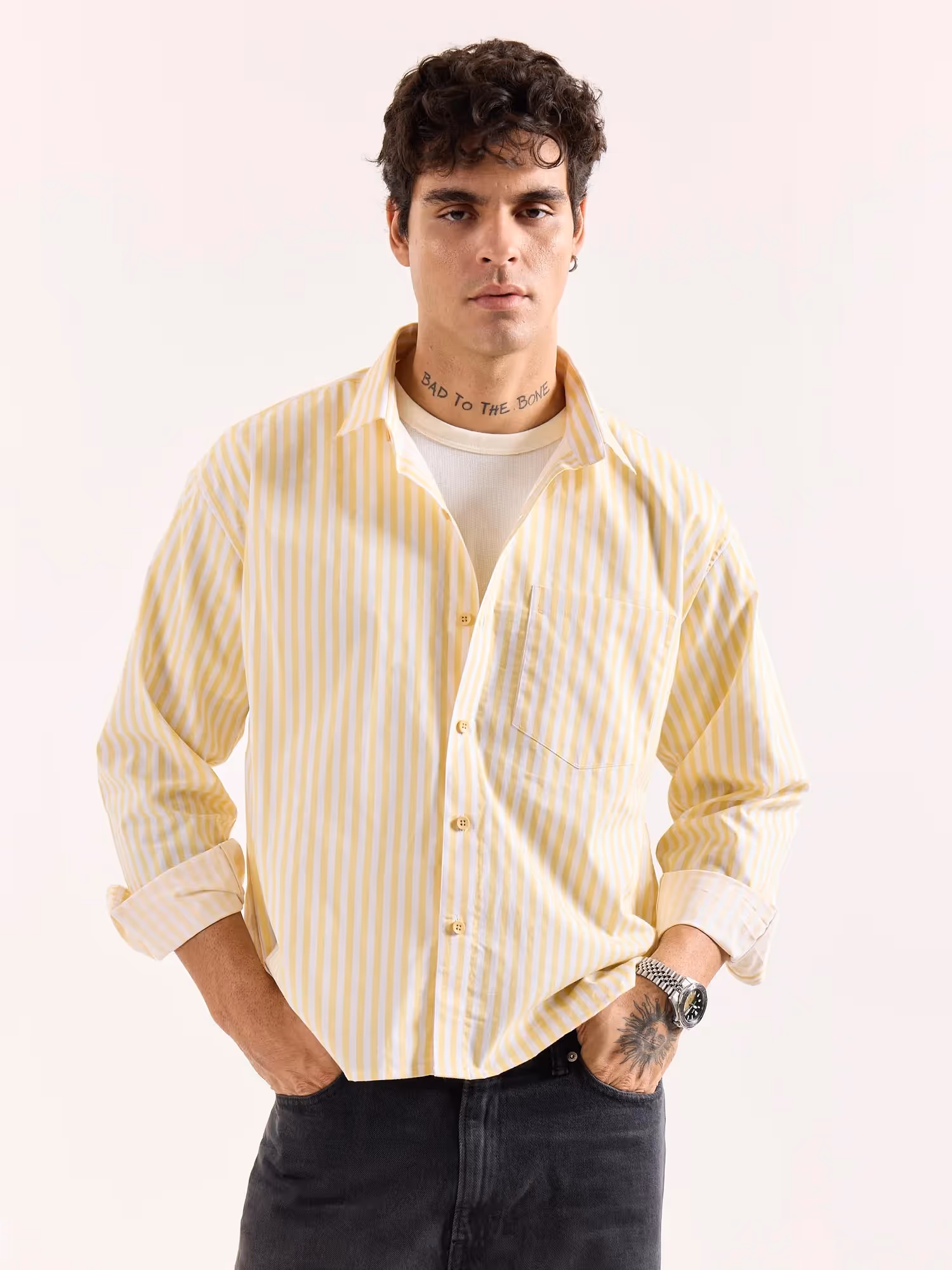 Yellow & White Striped Poplin Oversized Shirt image 3
