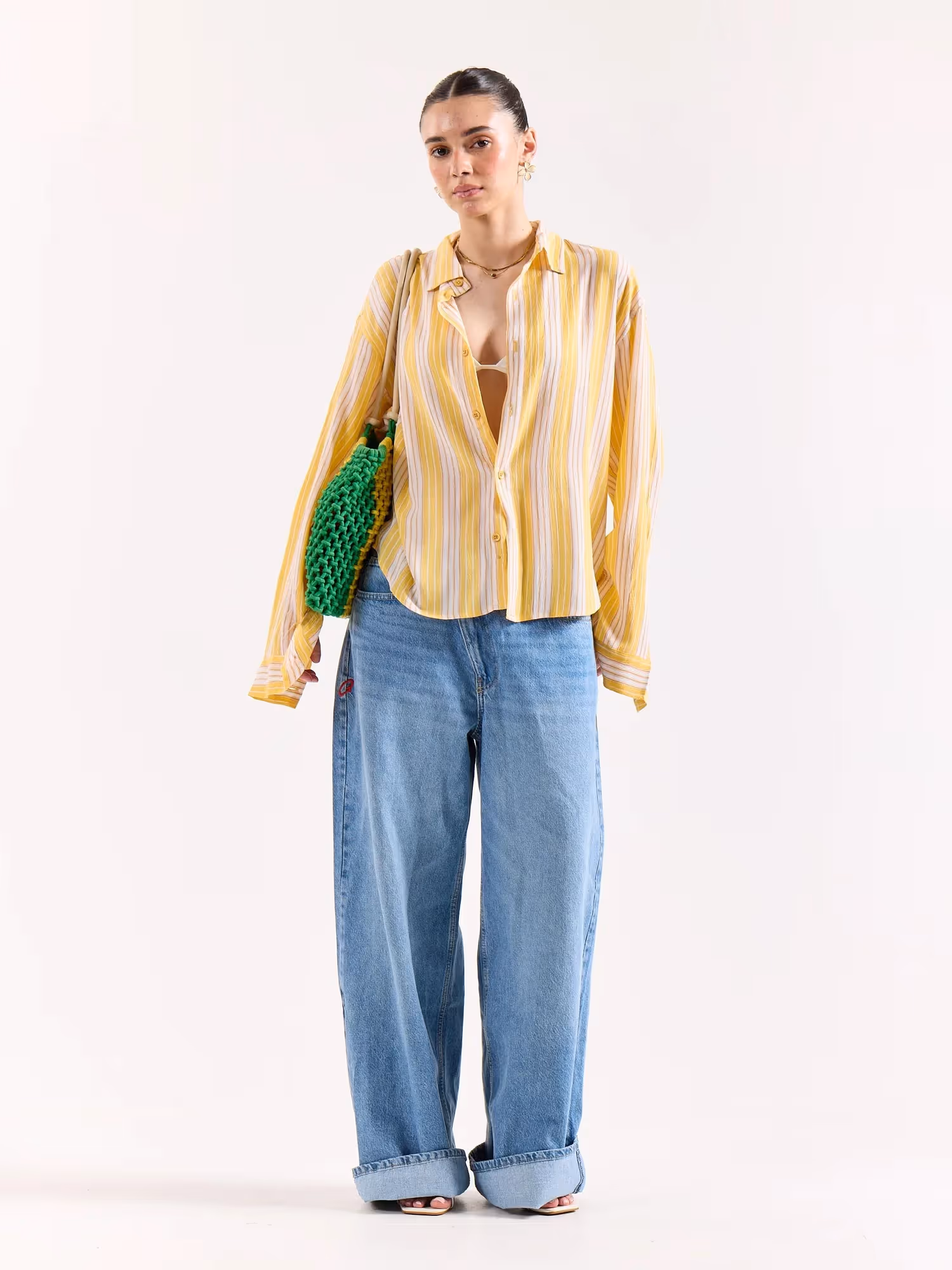 Yellow & White Striped Textured Oversized Shirt image 2