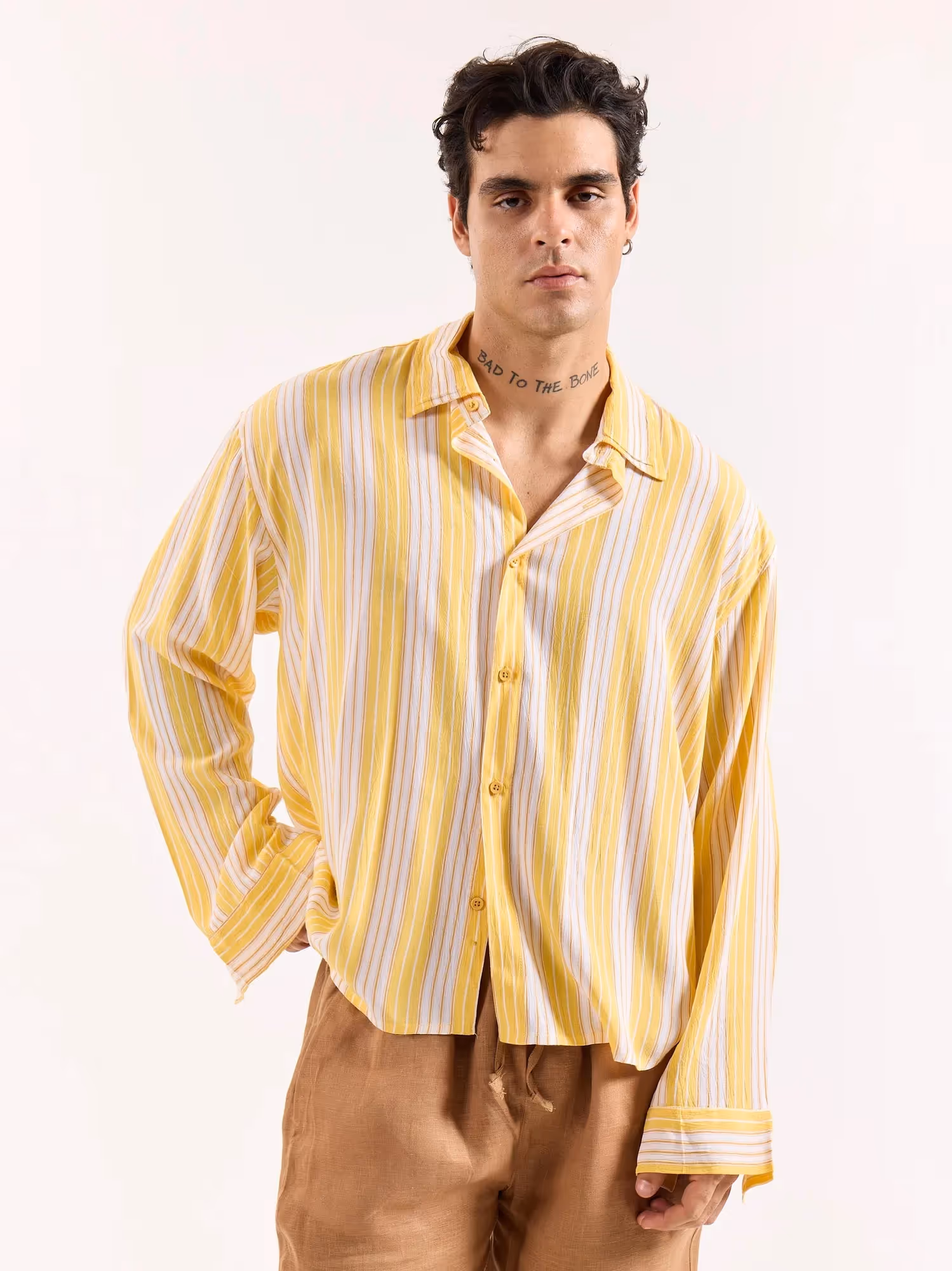 Yellow & White Striped Textured Oversized Shirt image 3