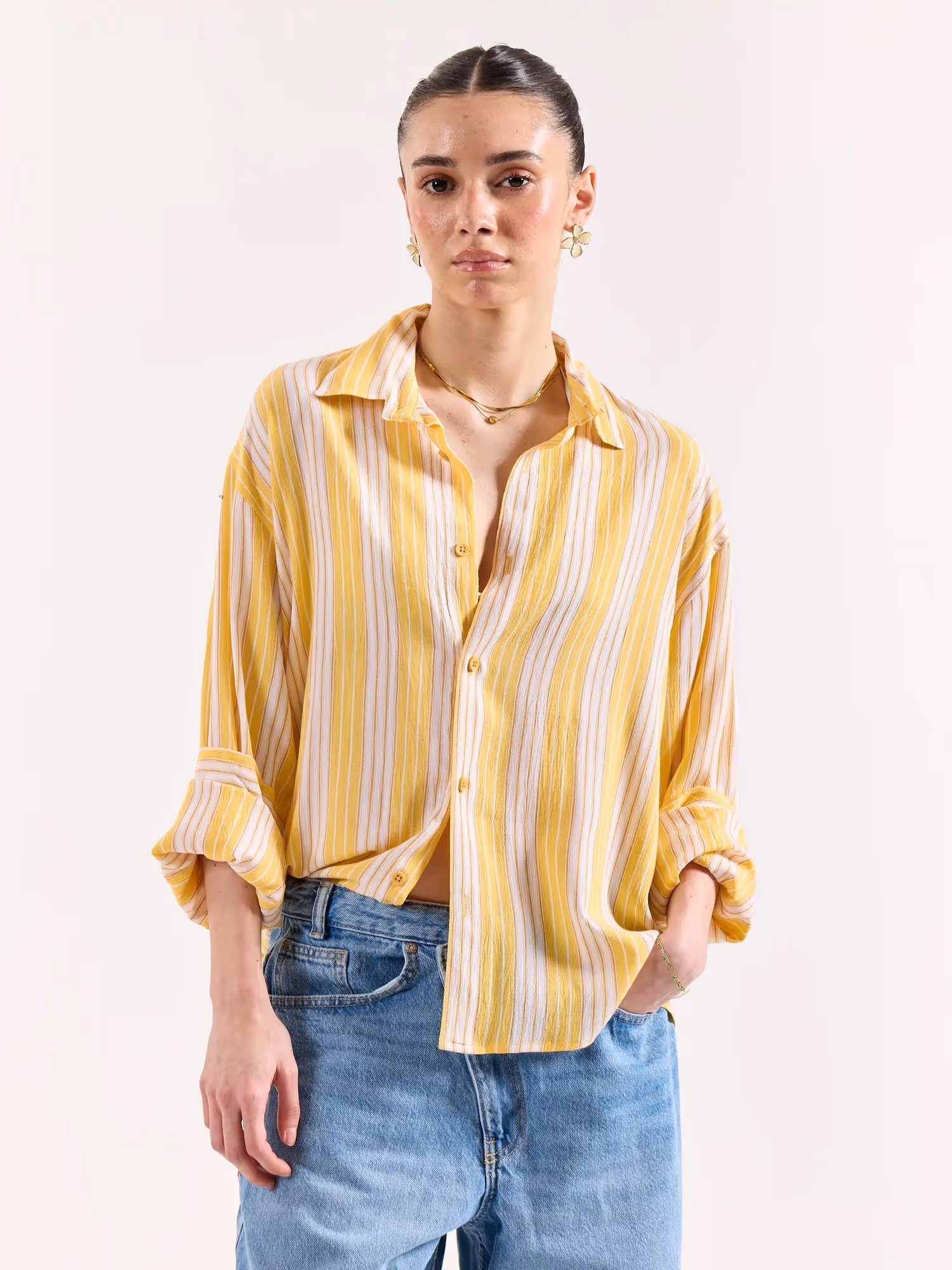 Yellow & White Striped Textured Oversized Shirt image 4