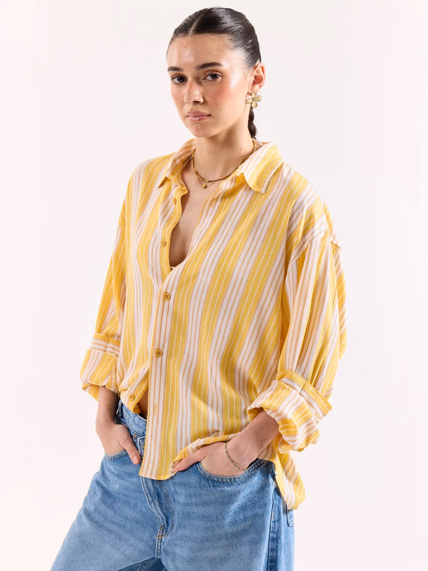 Yellow & White Striped Textured Oversized Shirt image 7