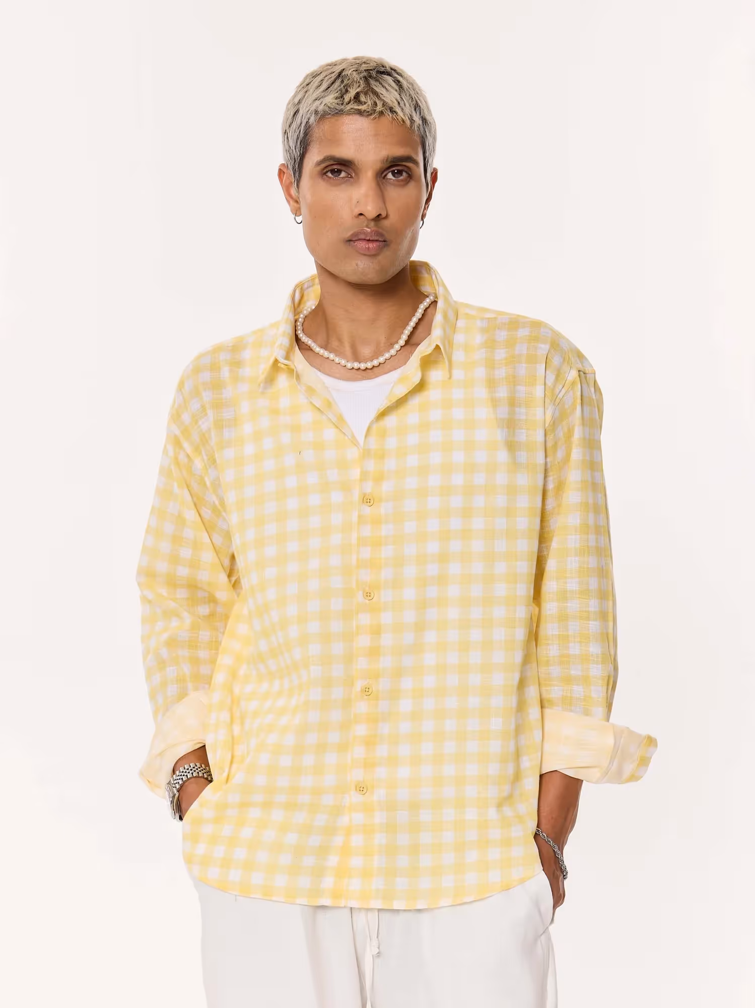 Yellow Box Checkered Oversized Cropped Shirt image 4