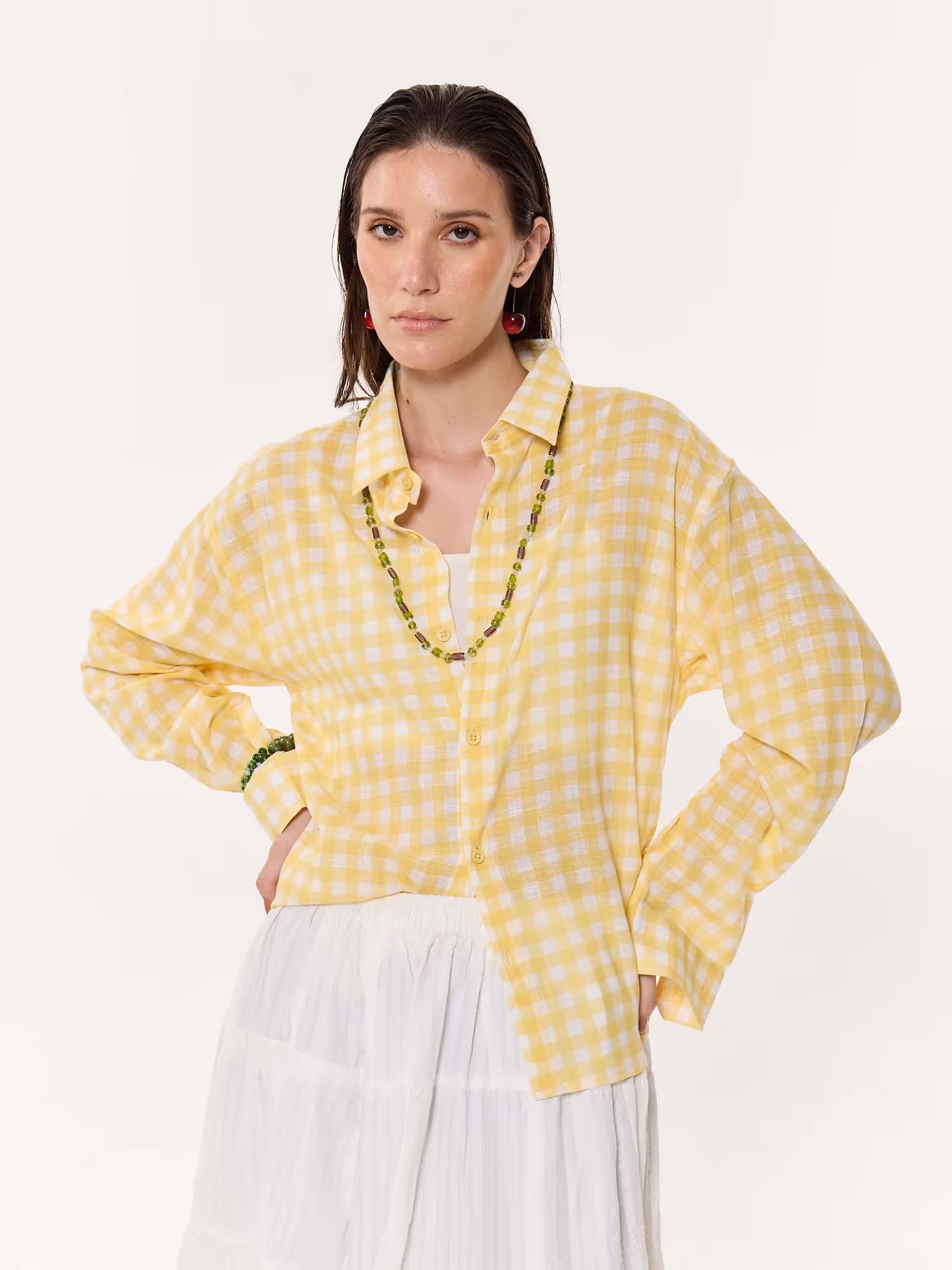 Yellow Box Checkered Oversized Cropped Shirt image 5