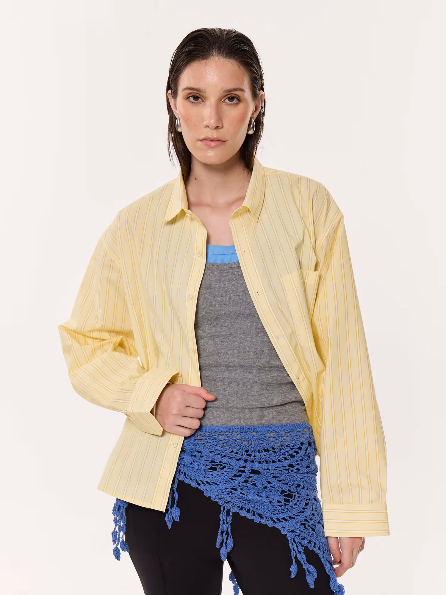 Yellow Multi-striped Oversized Cropped Shirt image 4