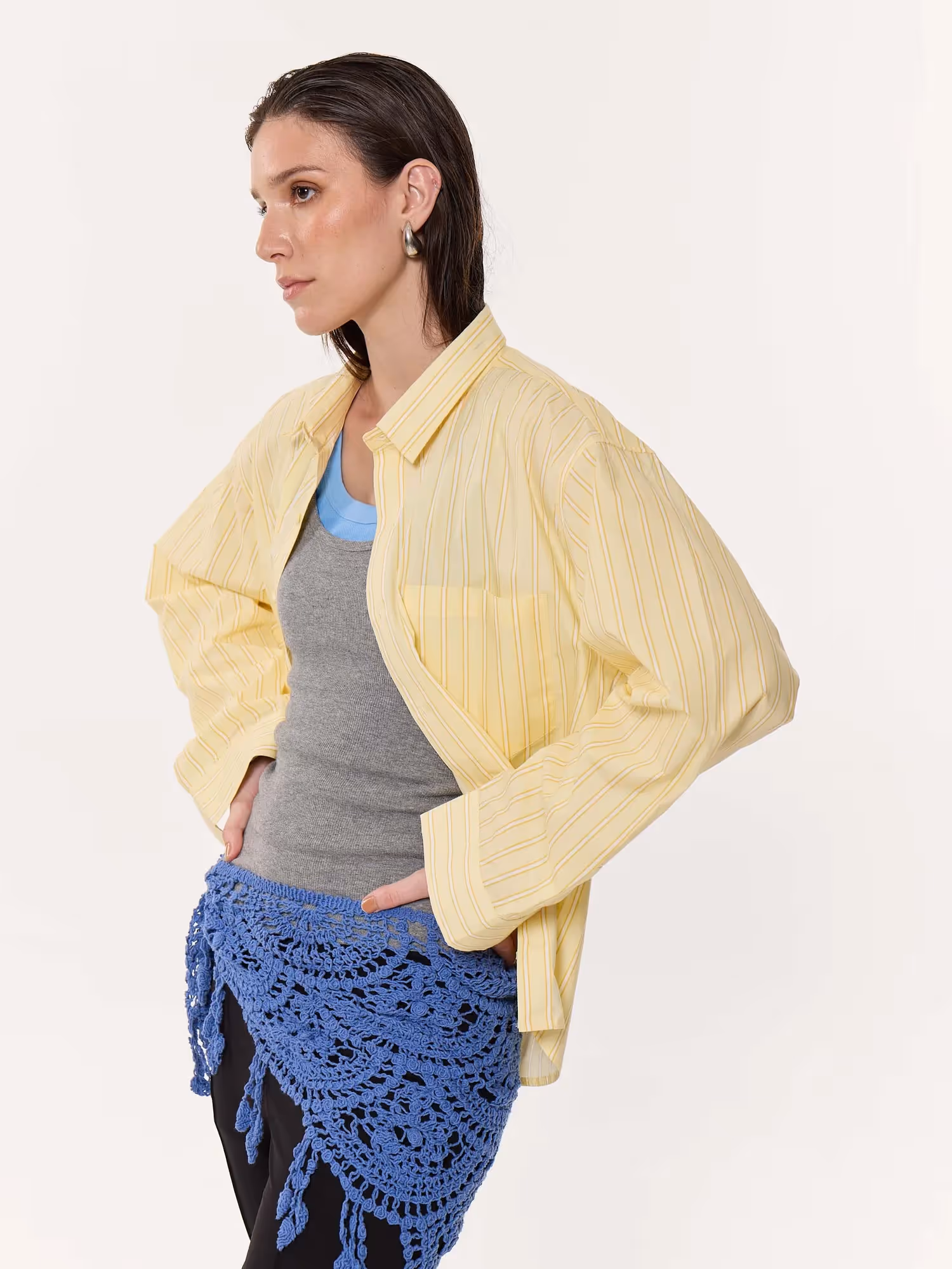 Yellow Multi-striped Oversized Cropped Shirt image 6