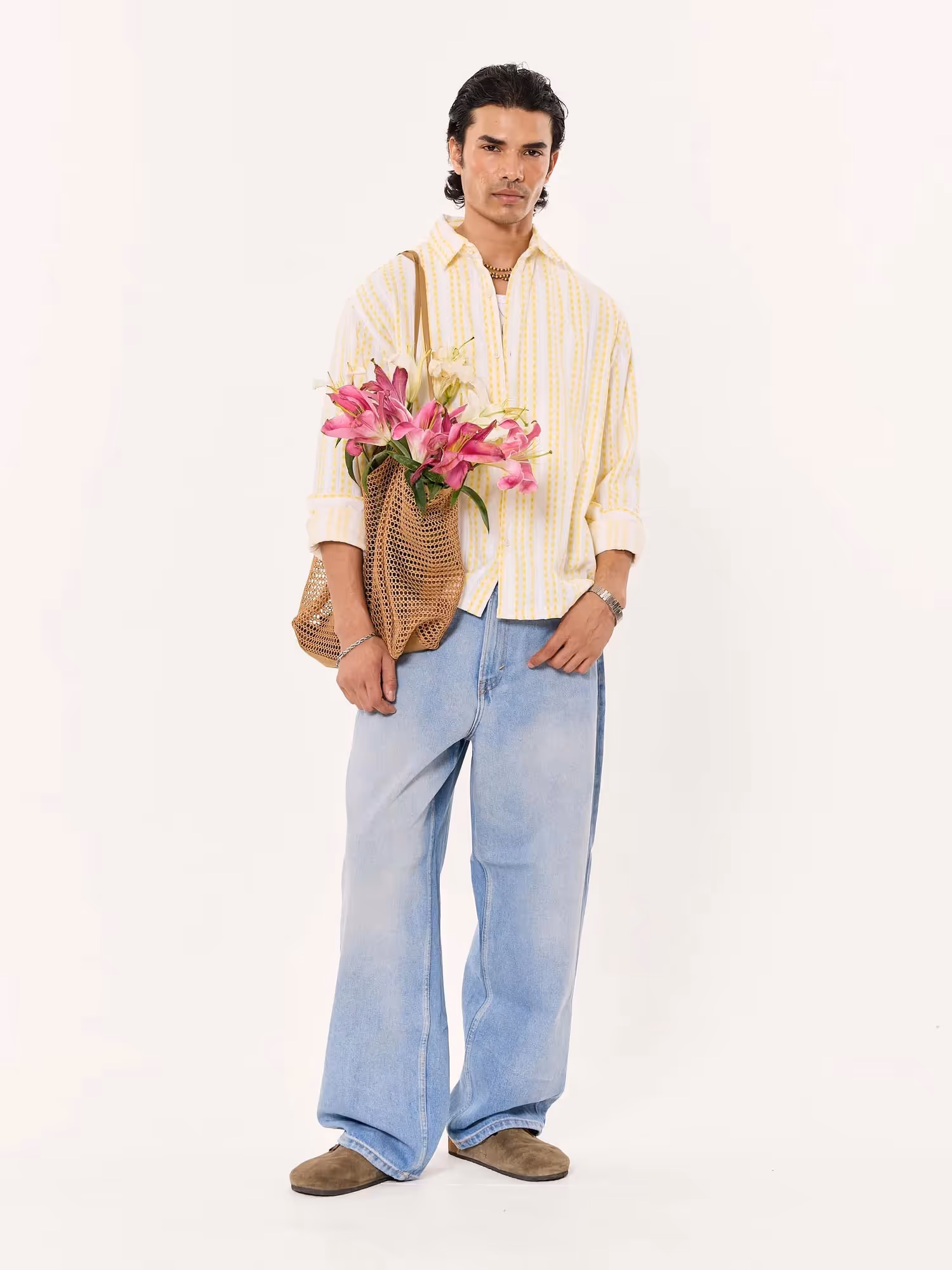 Yellow Woven Stripes Cropped Shirt image 1