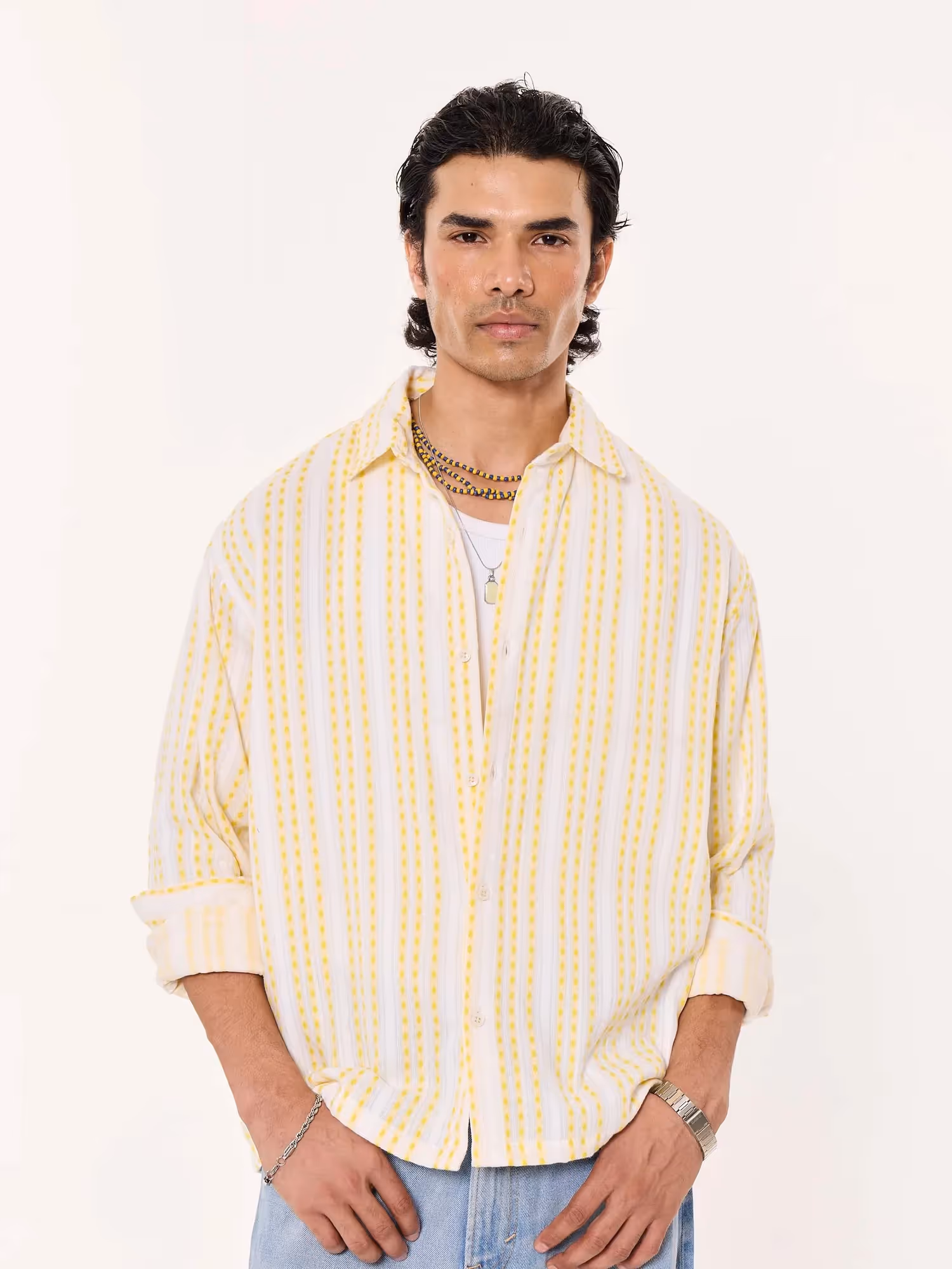 Yellow Woven Stripes Cropped Shirt  image 3