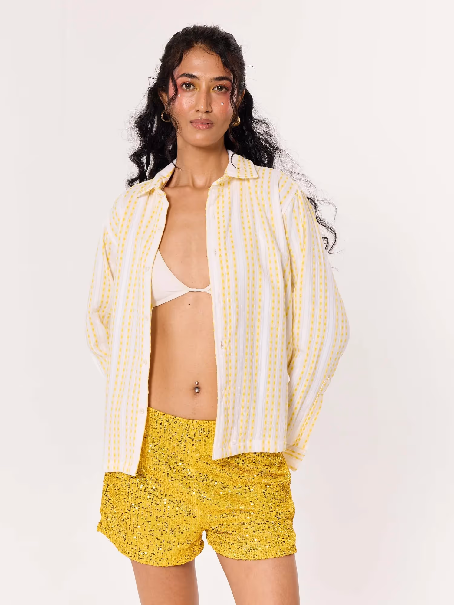 Yellow Woven Stripes Cropped Shirt  image 4