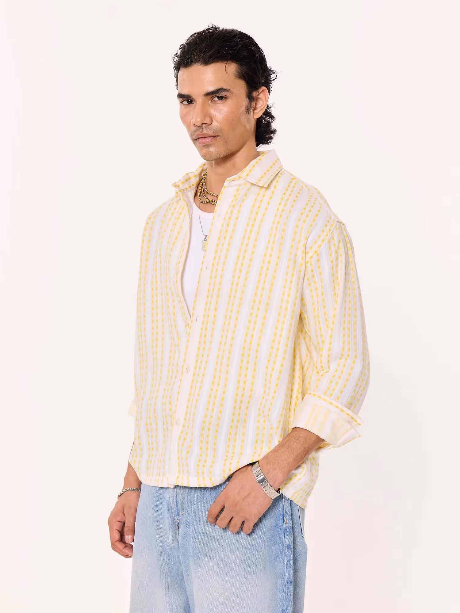Yellow Woven Stripes Cropped Shirt  image 5