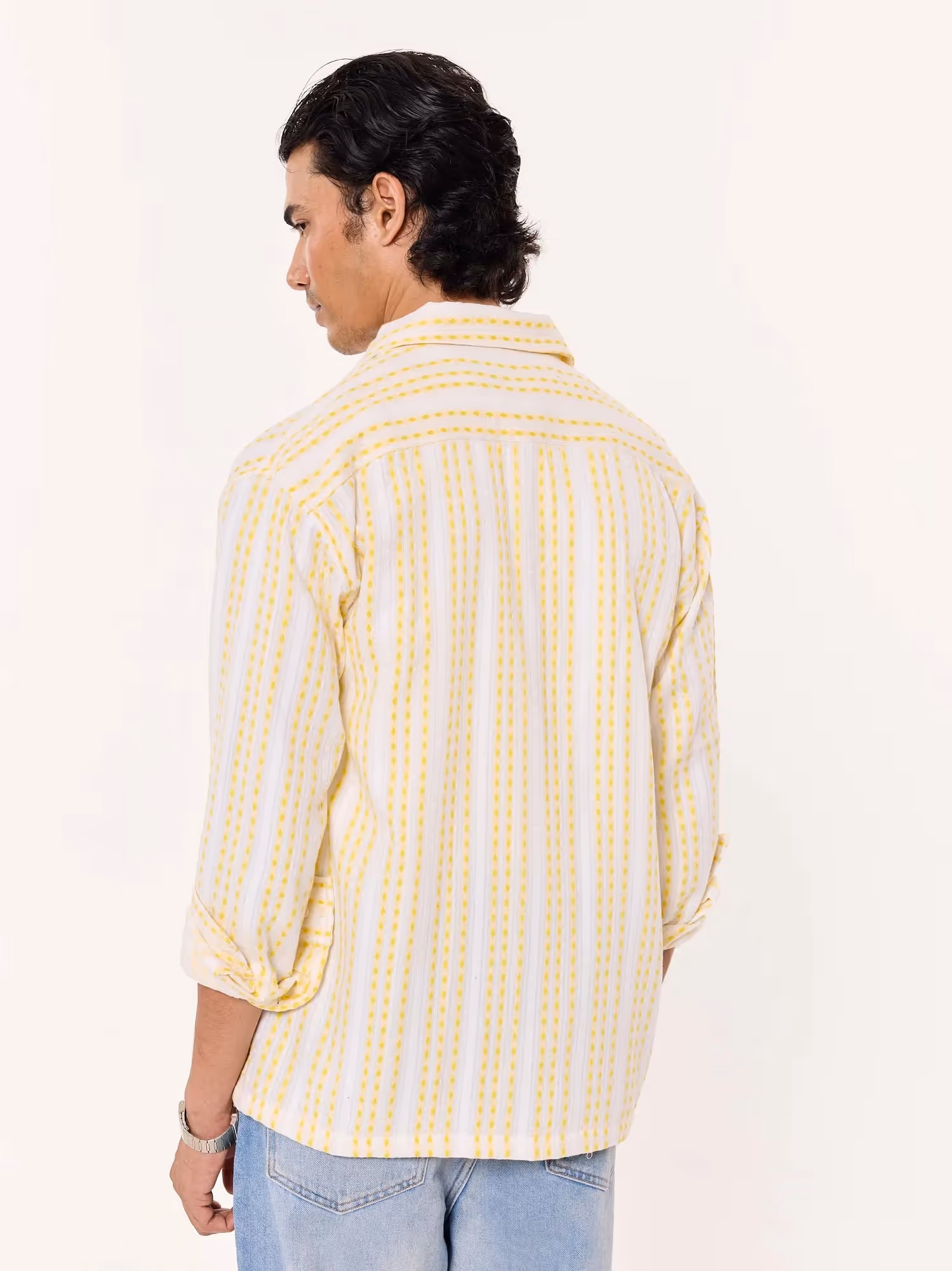 Yellow Woven Stripes Cropped Shirt  image 6