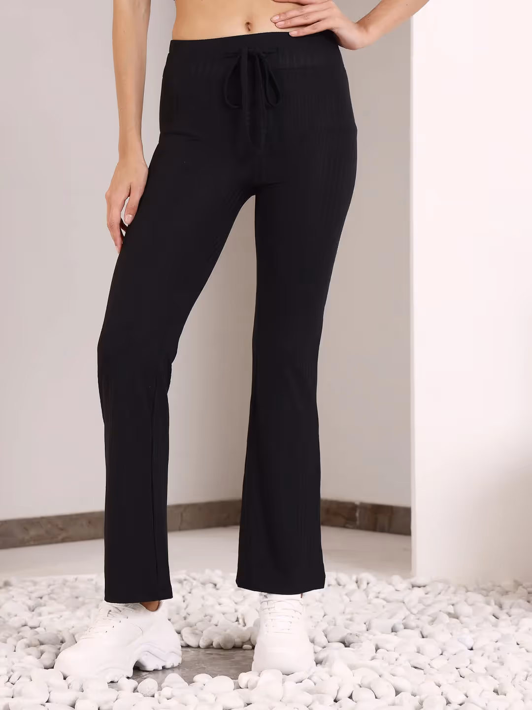 Black Rib Drawstring Flare Pants image 1