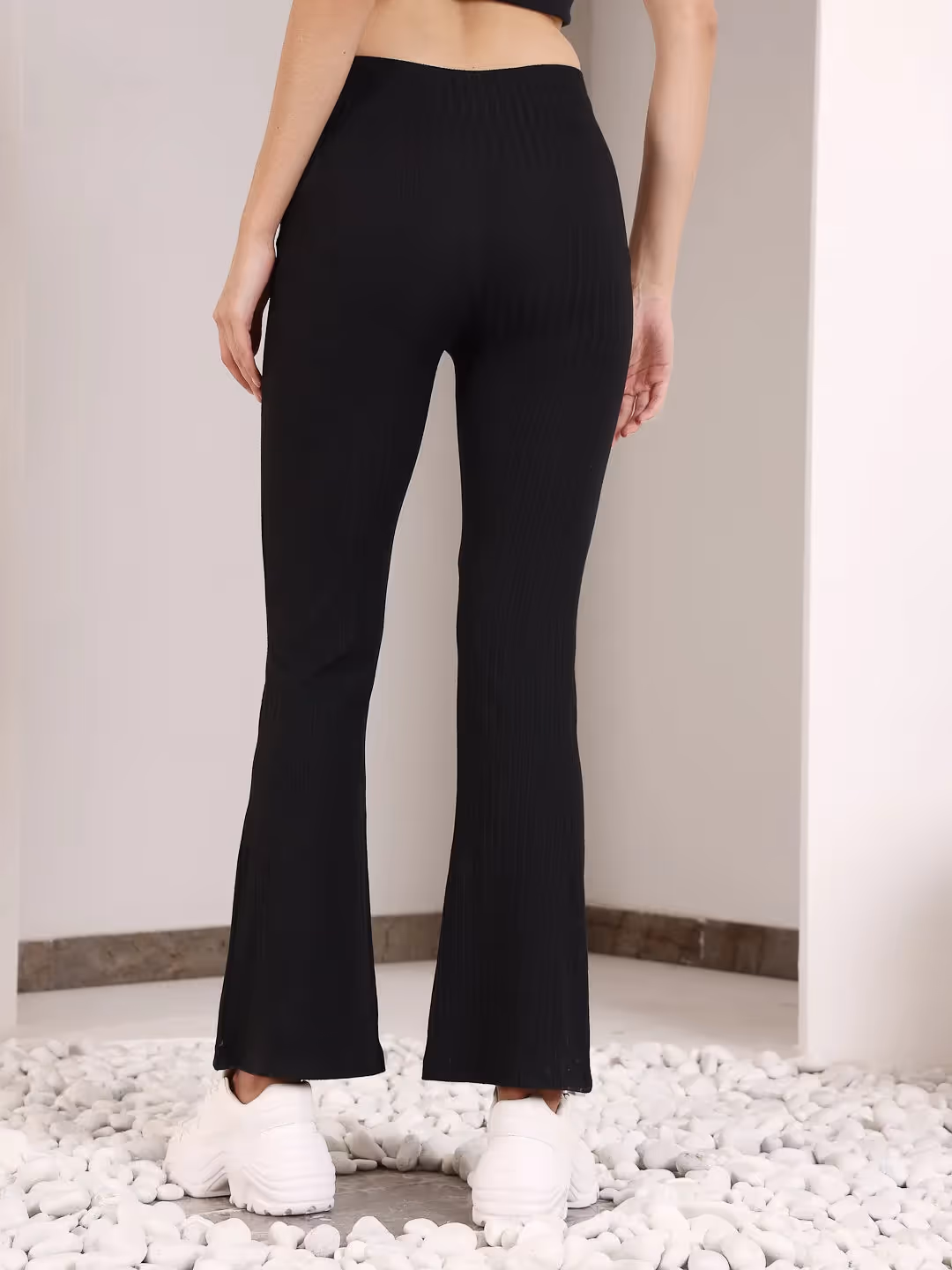 Black Rib Drawstring Flare Pants image 2